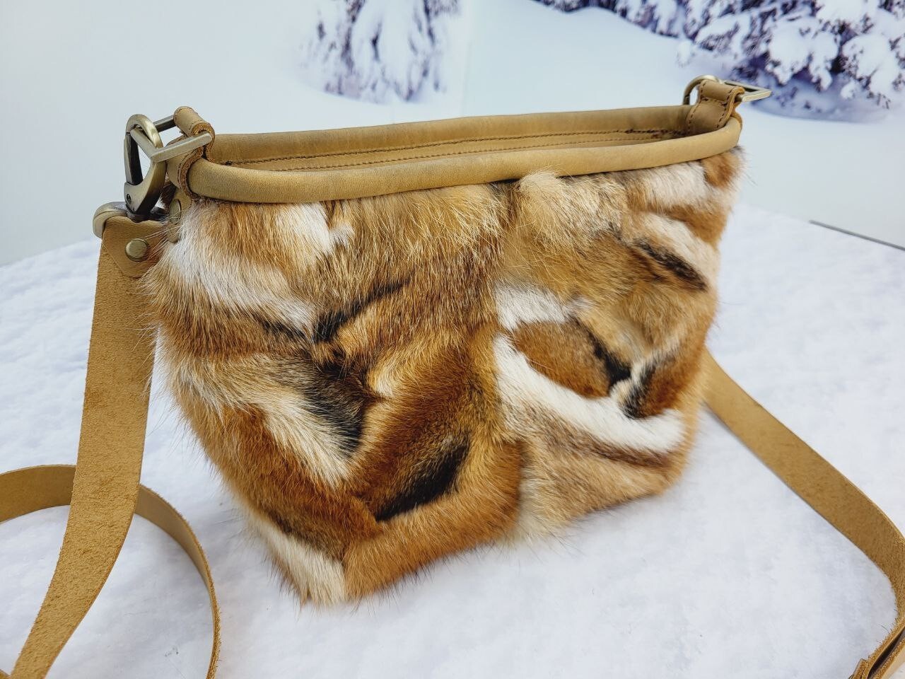 Red Fox Fur Patchwork & Leather bag, Women’s Purse, Handbag Gift for women