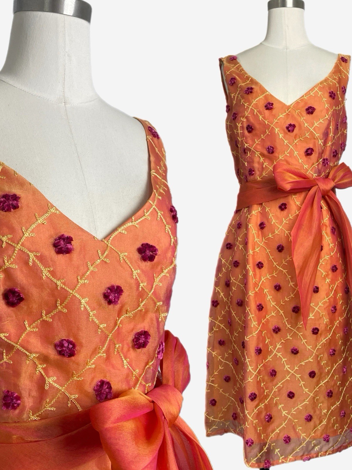 Vintage Y2K Sara Campbell Orange silk embroidered 3D floral midi dress bow 6