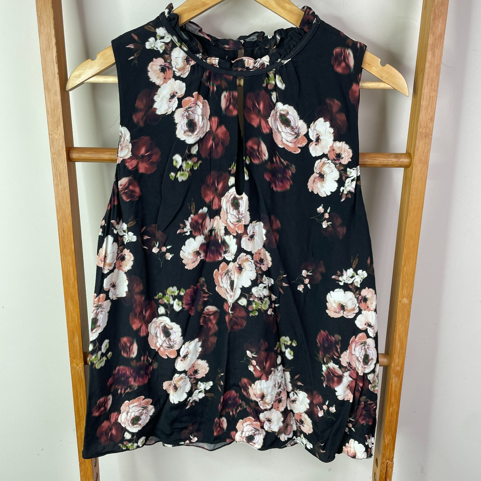 Veronika Maine Top Womens 12 Black Floral Print Sleeveless Ruffles Keyhole Neck