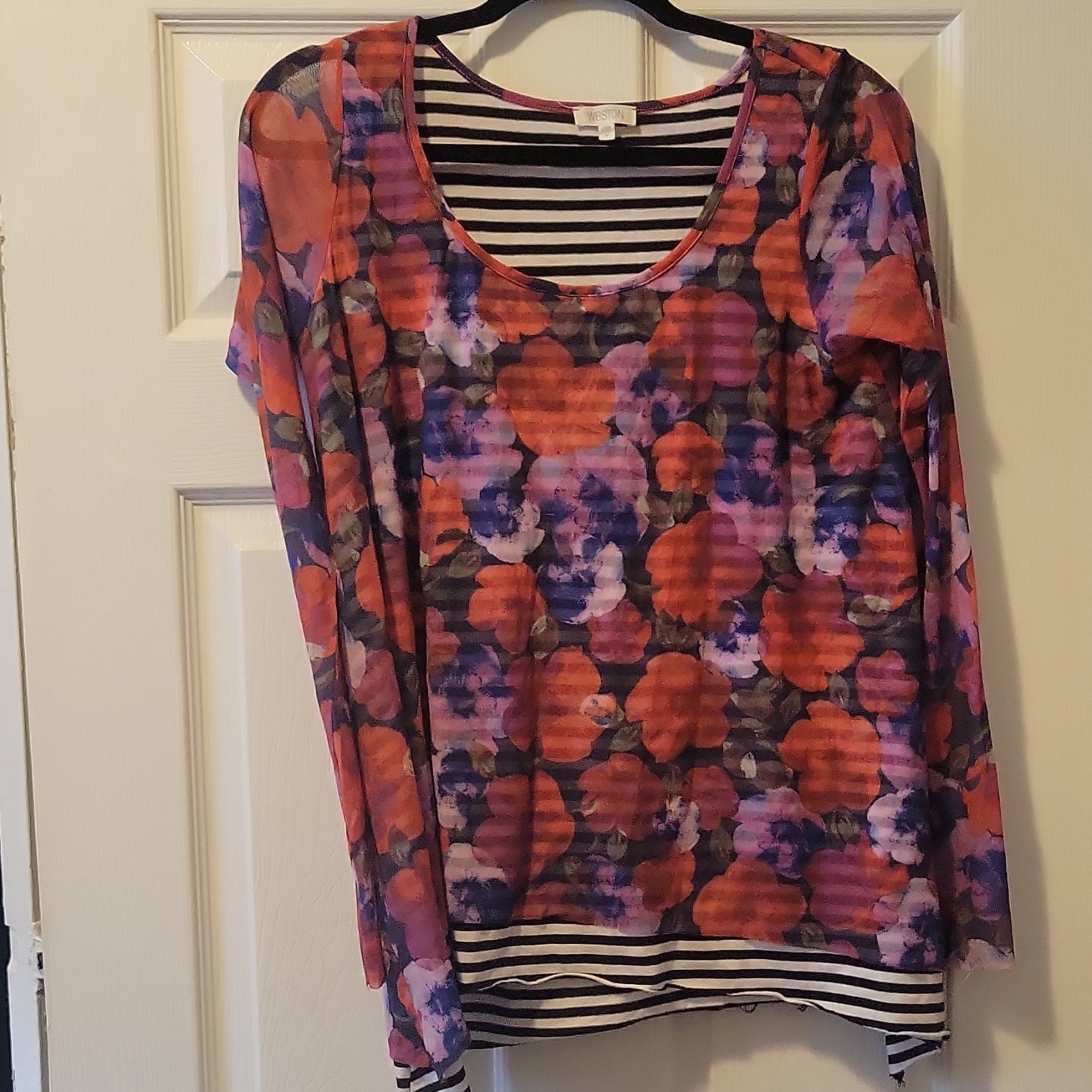 WESTON Womens M Multicolor Floral Mesh Sheer Layered Scoop Neck Long Sleeve Top