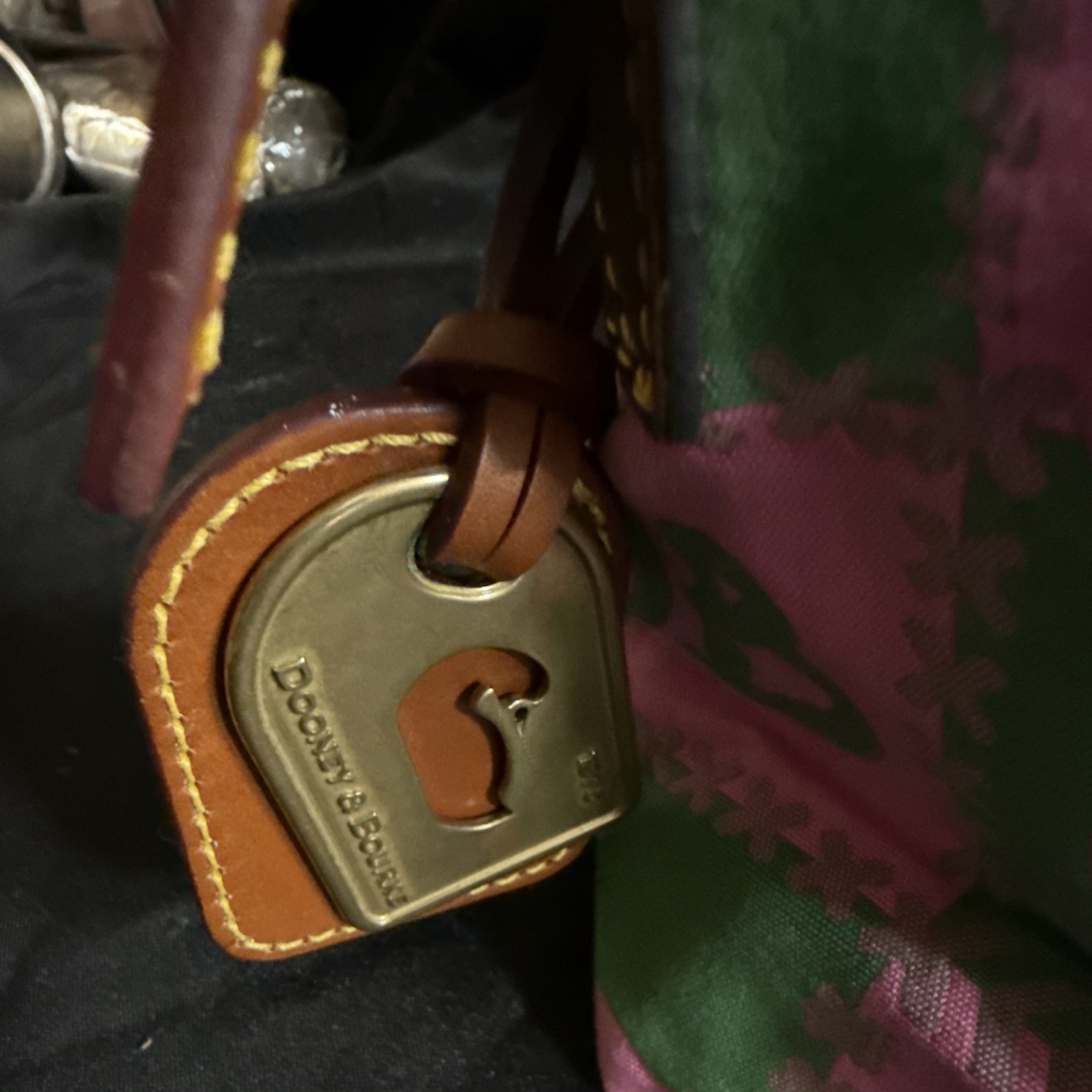 Dooney & Bourke Pink Green Logo Top Handle Zip Bag Lined Pockets Gold