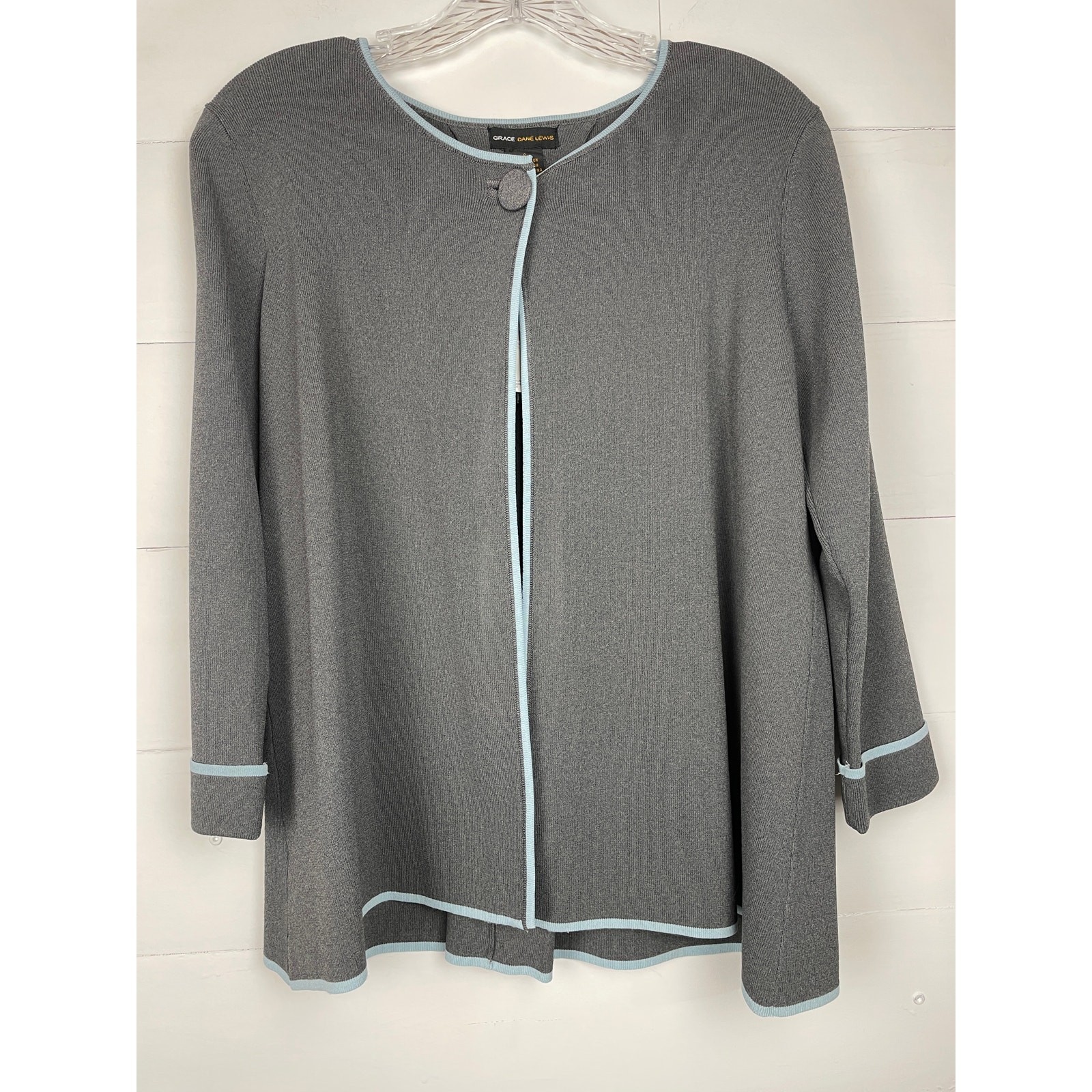 NWT Grace Dane Lewis Gray Knit Jacket Blue Piping Trim Professional Size S