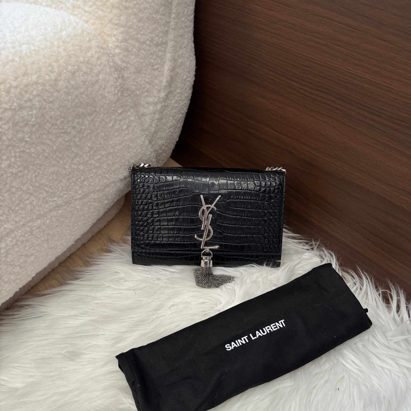 Saint Laurent Kate Small Black Croc Embossed Cowhide Crossbody Bag US Ship
