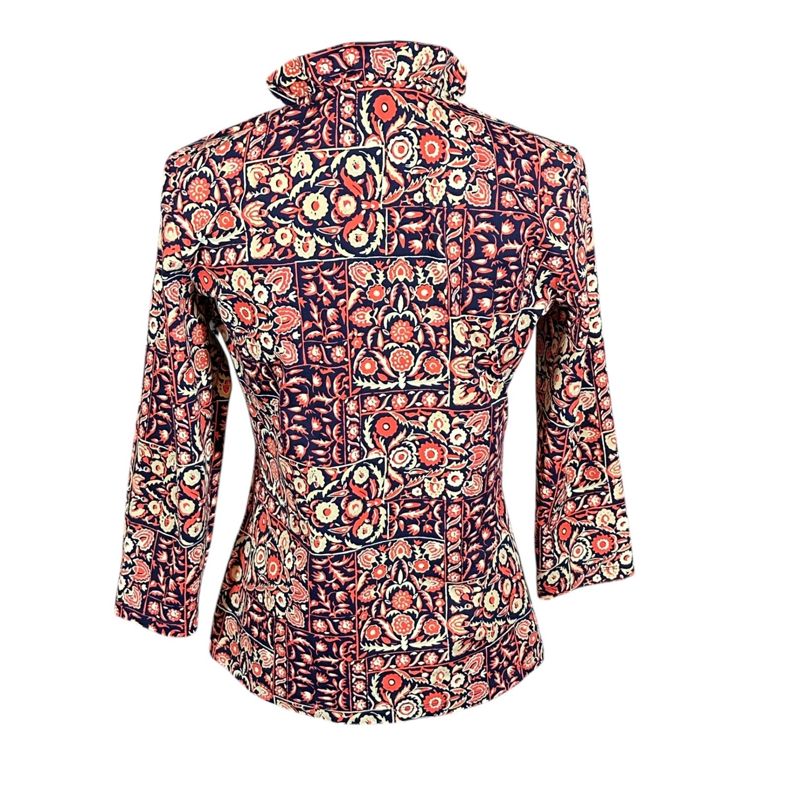 J. McLaughlin Durham Top Womens Medium Catalina Cloth Navy Orange Floral Ruffle