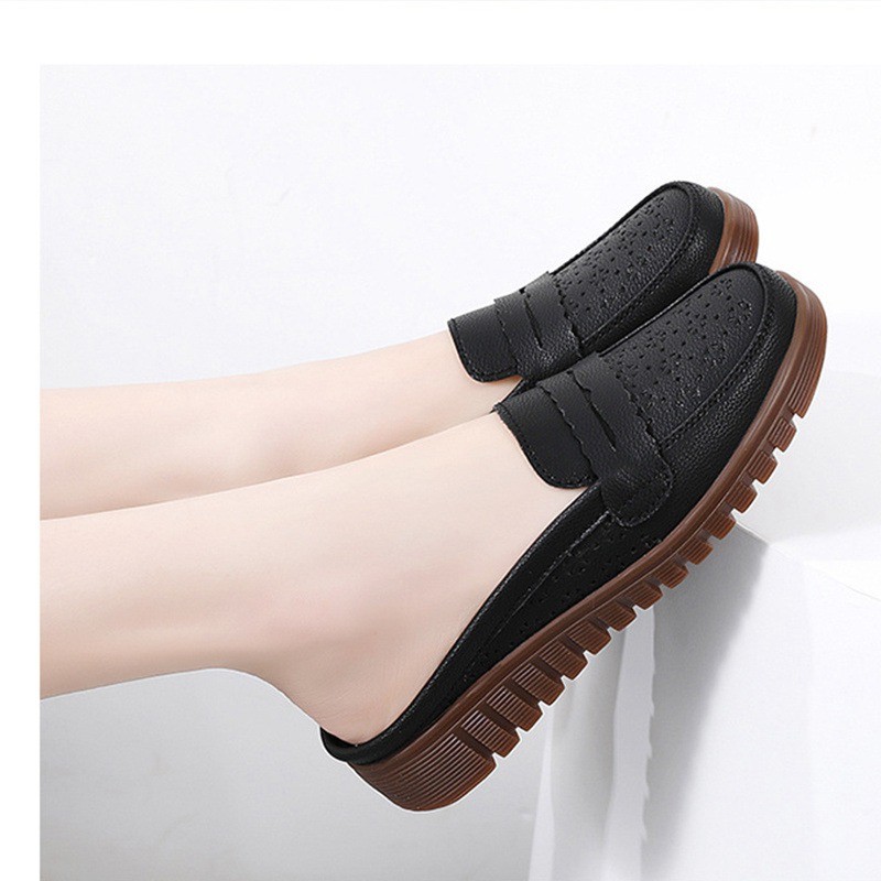 Mom Shoes Wear Beef Summer Hollowed Genuine Leather Box Slippers Women’s Outer