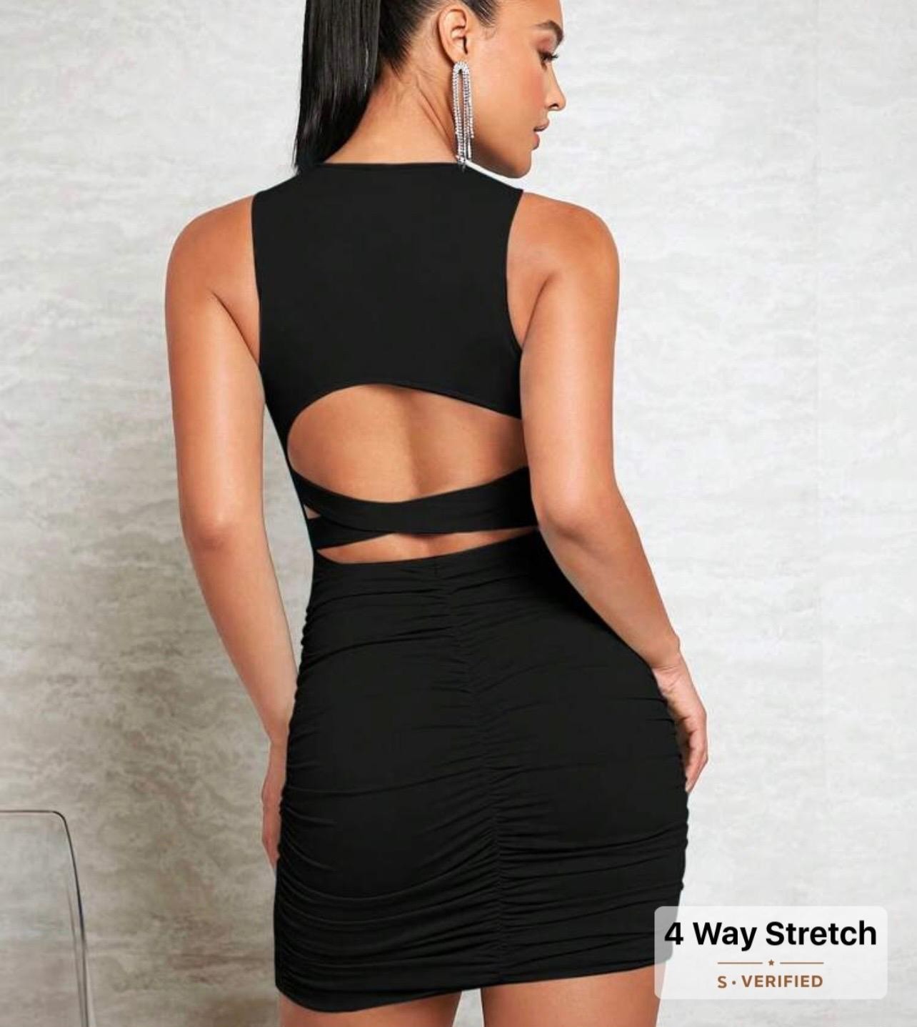 Women’s Black Bodycon Mini Dress M Sleeveless Crew Neck Ruched Cut-Out Back