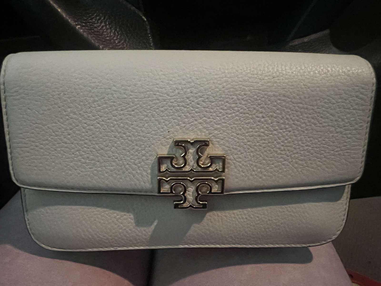 Tory Burch Britten Chain Wallet Wristlet Blue Mist Logo Zipper Women