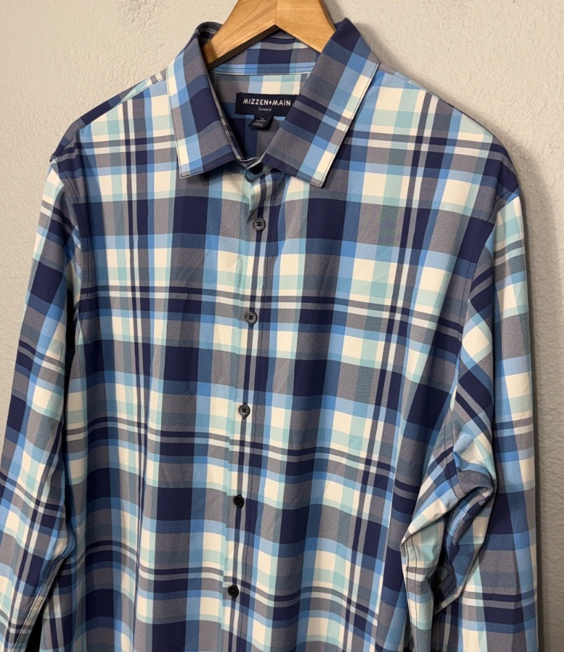 Mizzen+Main Leeward Long Sleeve Shirt Plaid Blue White X-Large Button Up