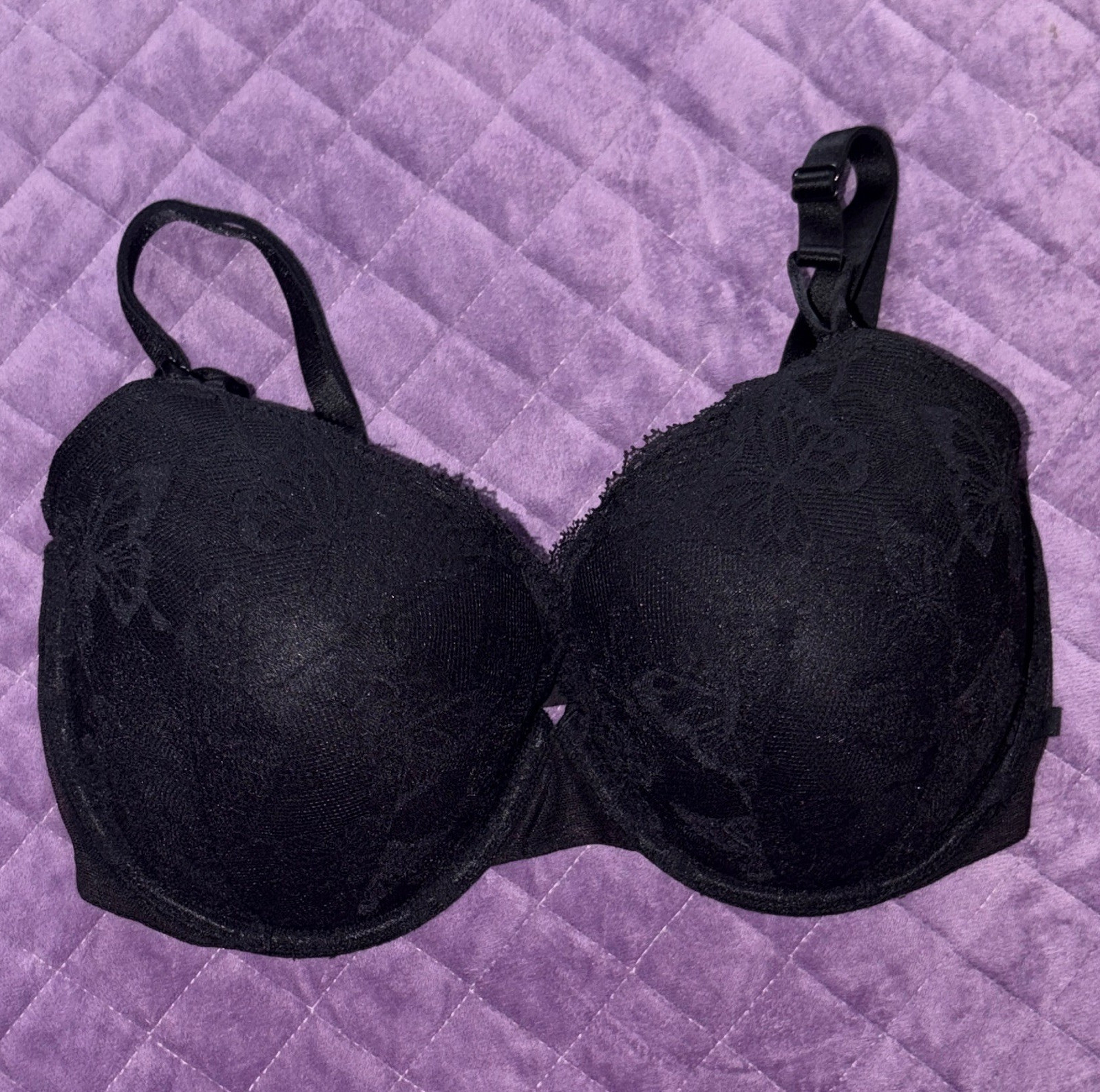 Black Floral Lace Underwire Full Cup Bra 36DDD Hook & Eye Closure