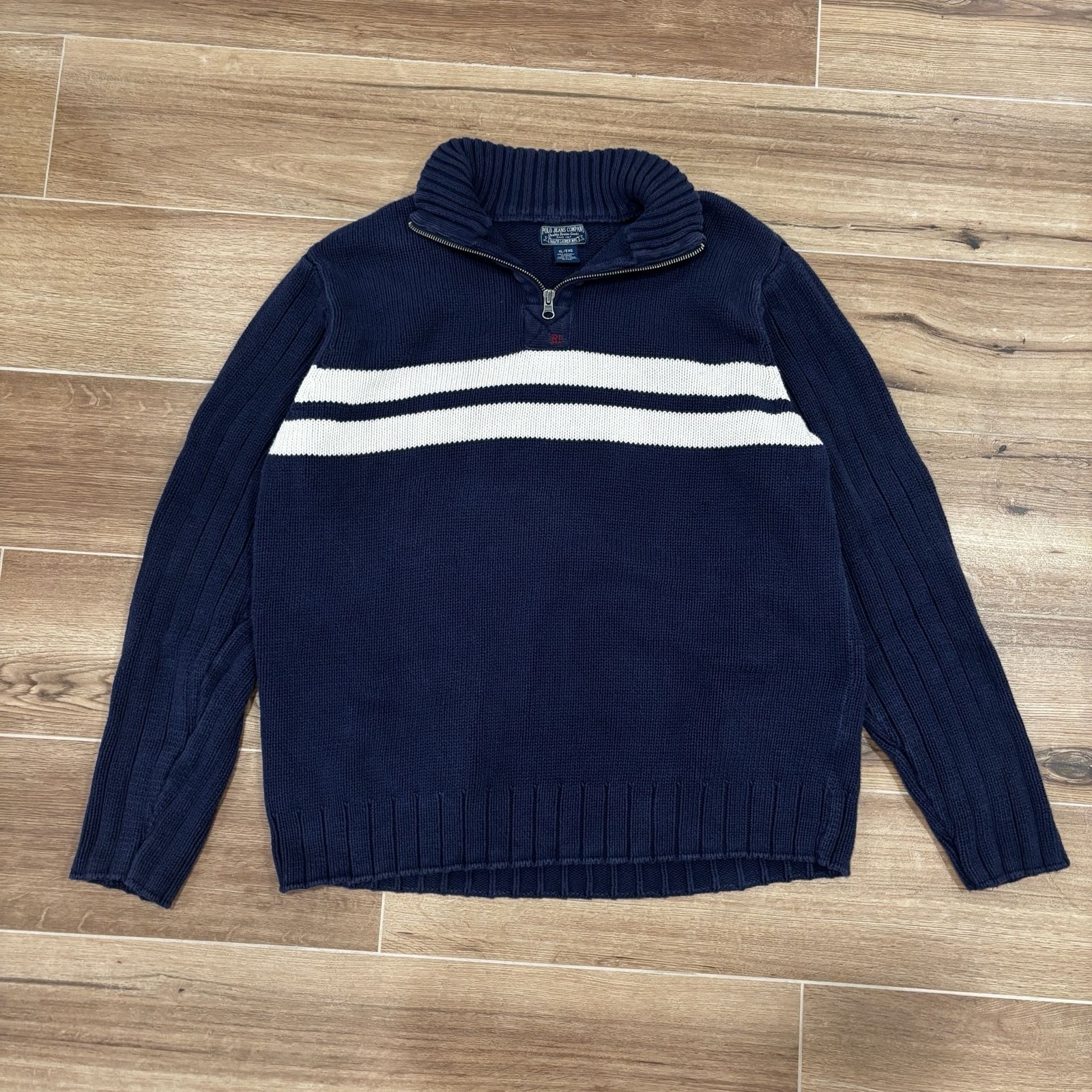 Polo Jeans Company Men’s Navy Blue & White Striped 1/4 Zip Knit Sweater
