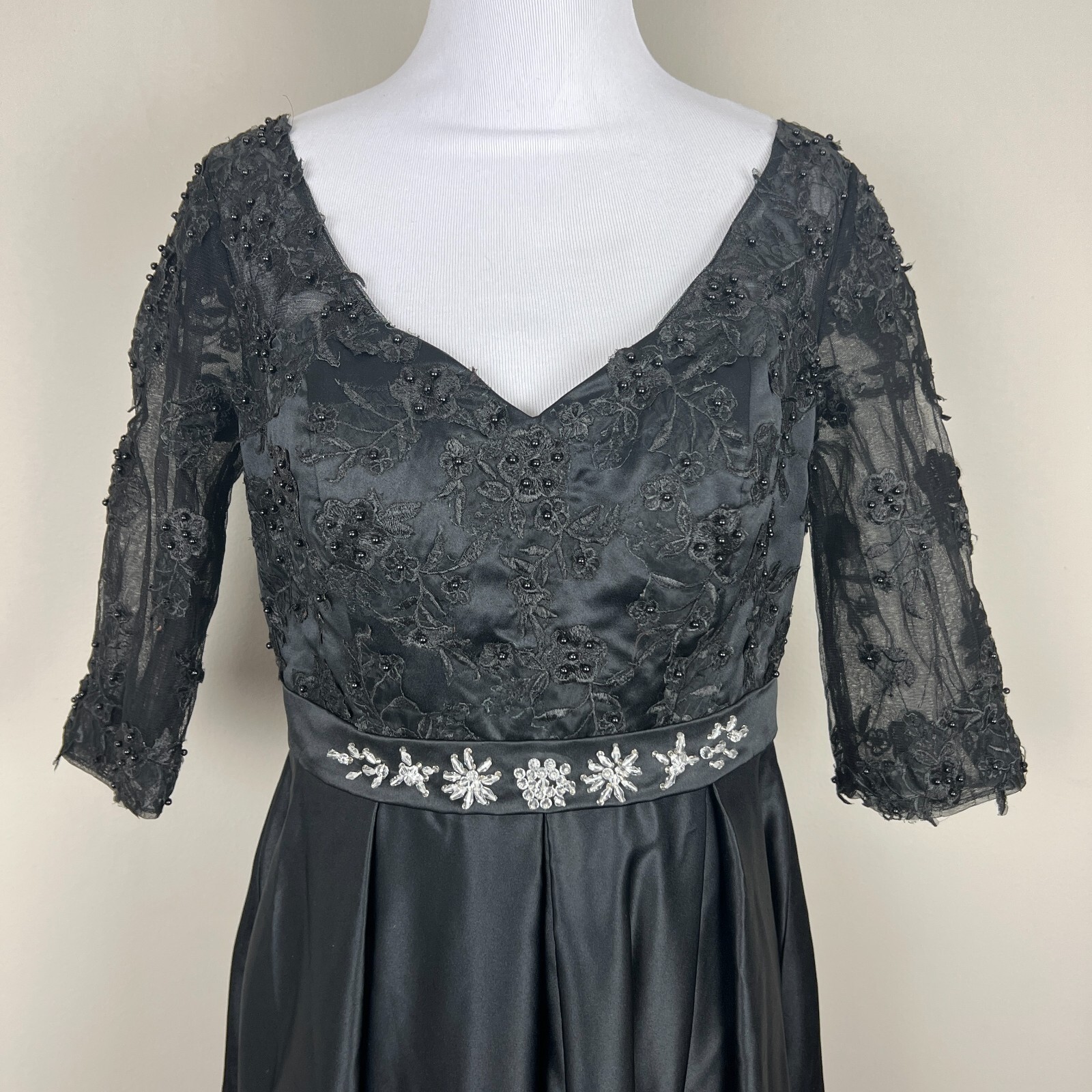 Formal Gown Dress 10 Black Floral Applique Beaded A-Line Evening Long Whimsigoth