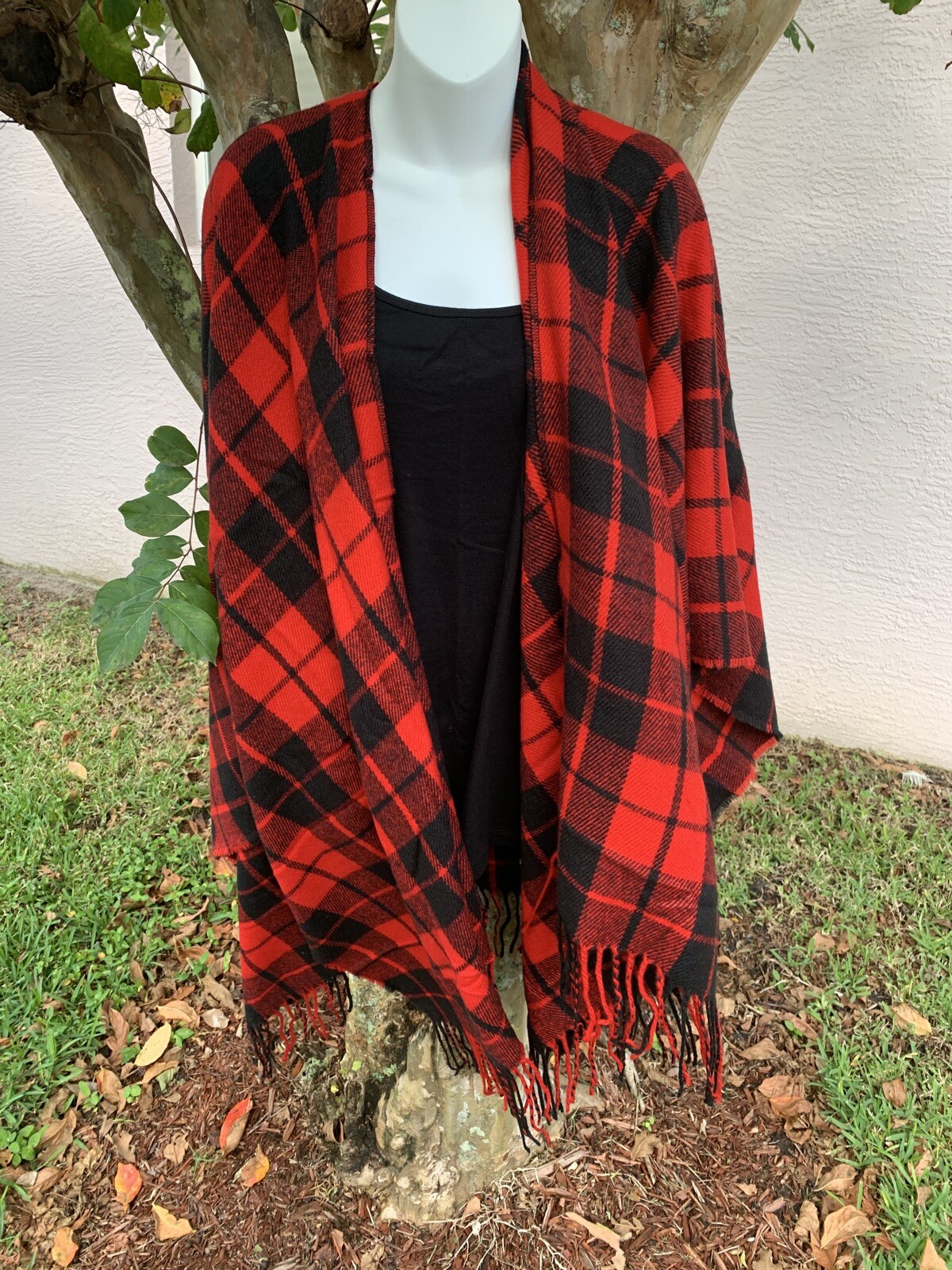 Jane & Berry Red Black Buffalo Plaid Checkered Shawl Cape Poncho OS NEW UGA