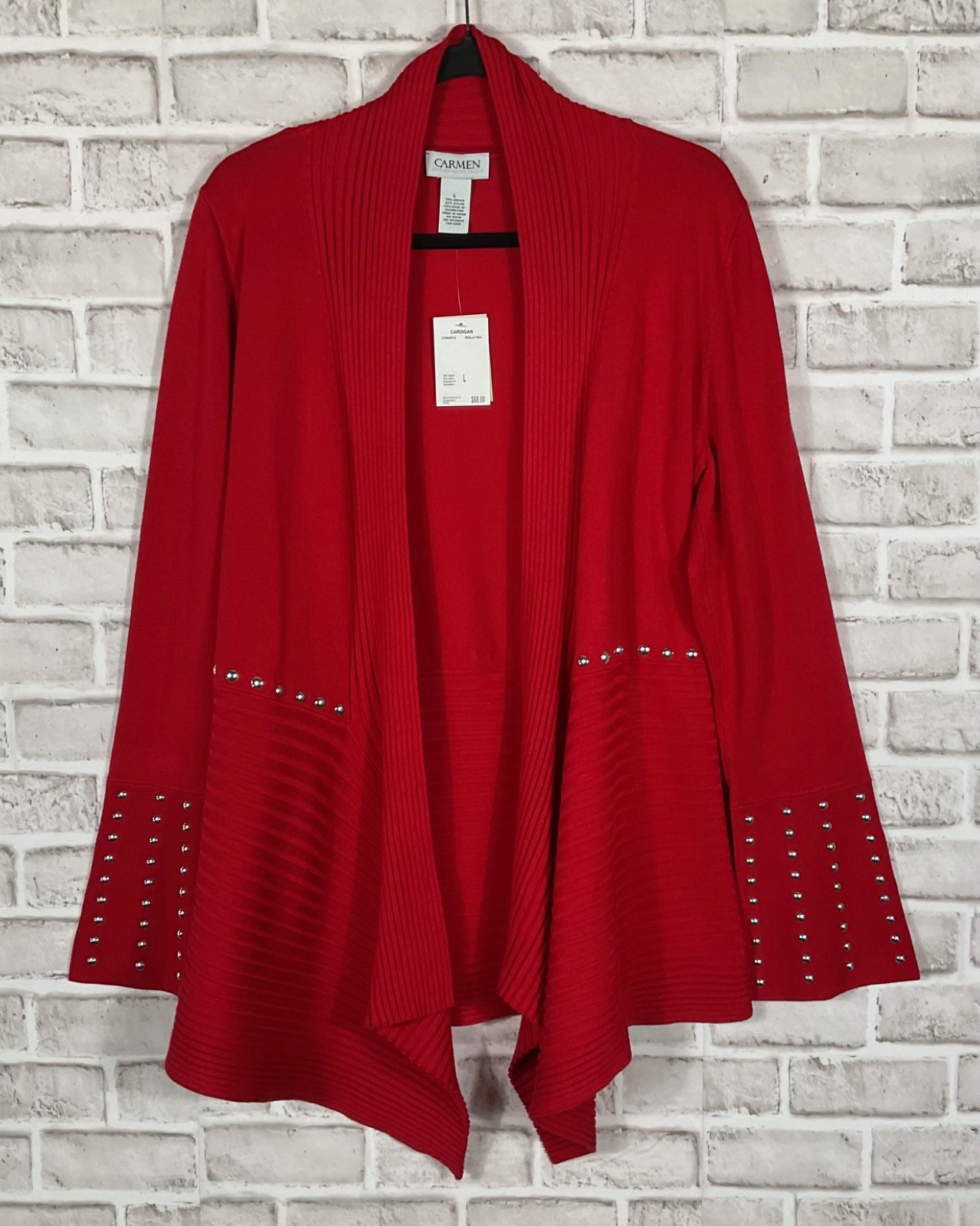 Carmen Marc Valvo Cardigan Women’s Sz L Red Ribbed Open Front Long Sleeves
