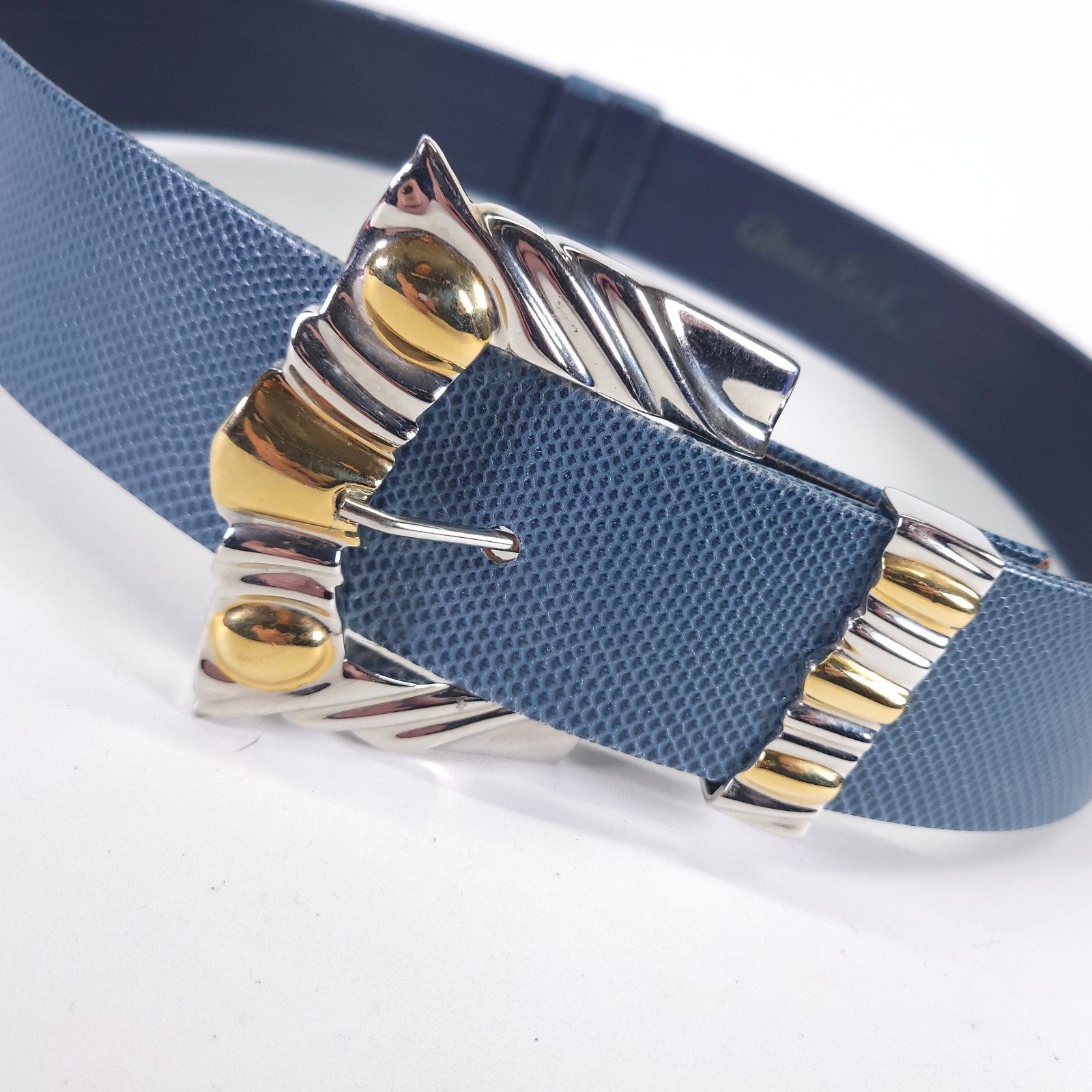 Alexis Kirk Belt 30 32 34 Lizard Print Leather Gold Silver Tone Buckle Blue Vtg