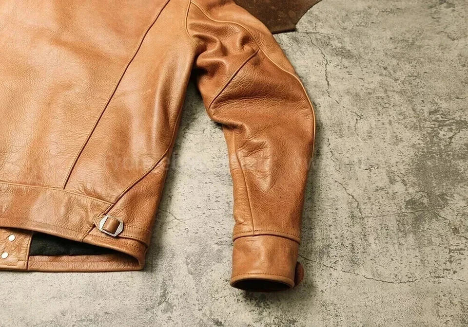 Men’s Tan Leather Jacket Button-Up Classic Design Retro Trucker Biker Style Coat