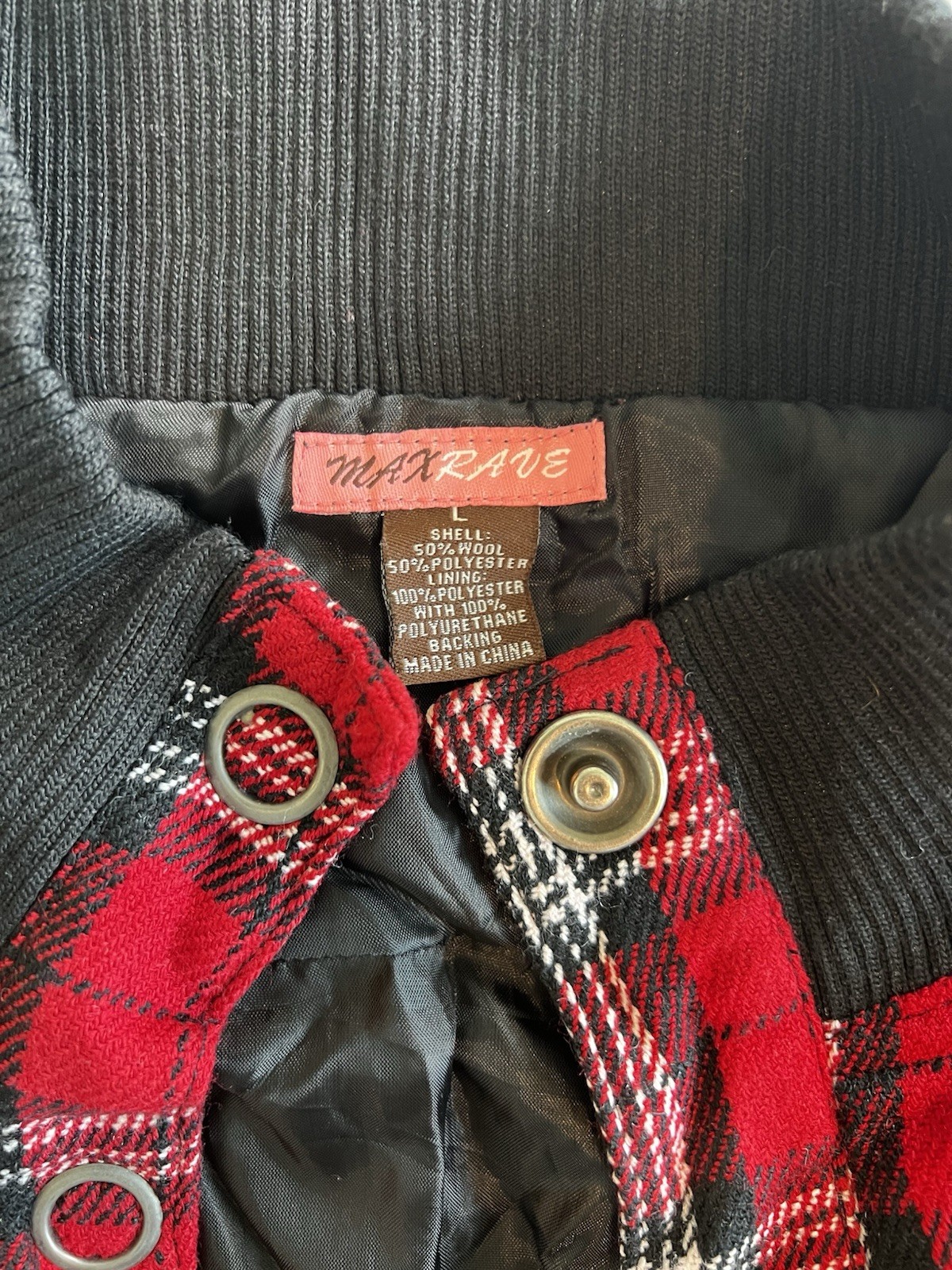 Vintage Red Black Plaid Bomber Jacket Snap Front Ribbed Trim Retro Punk L