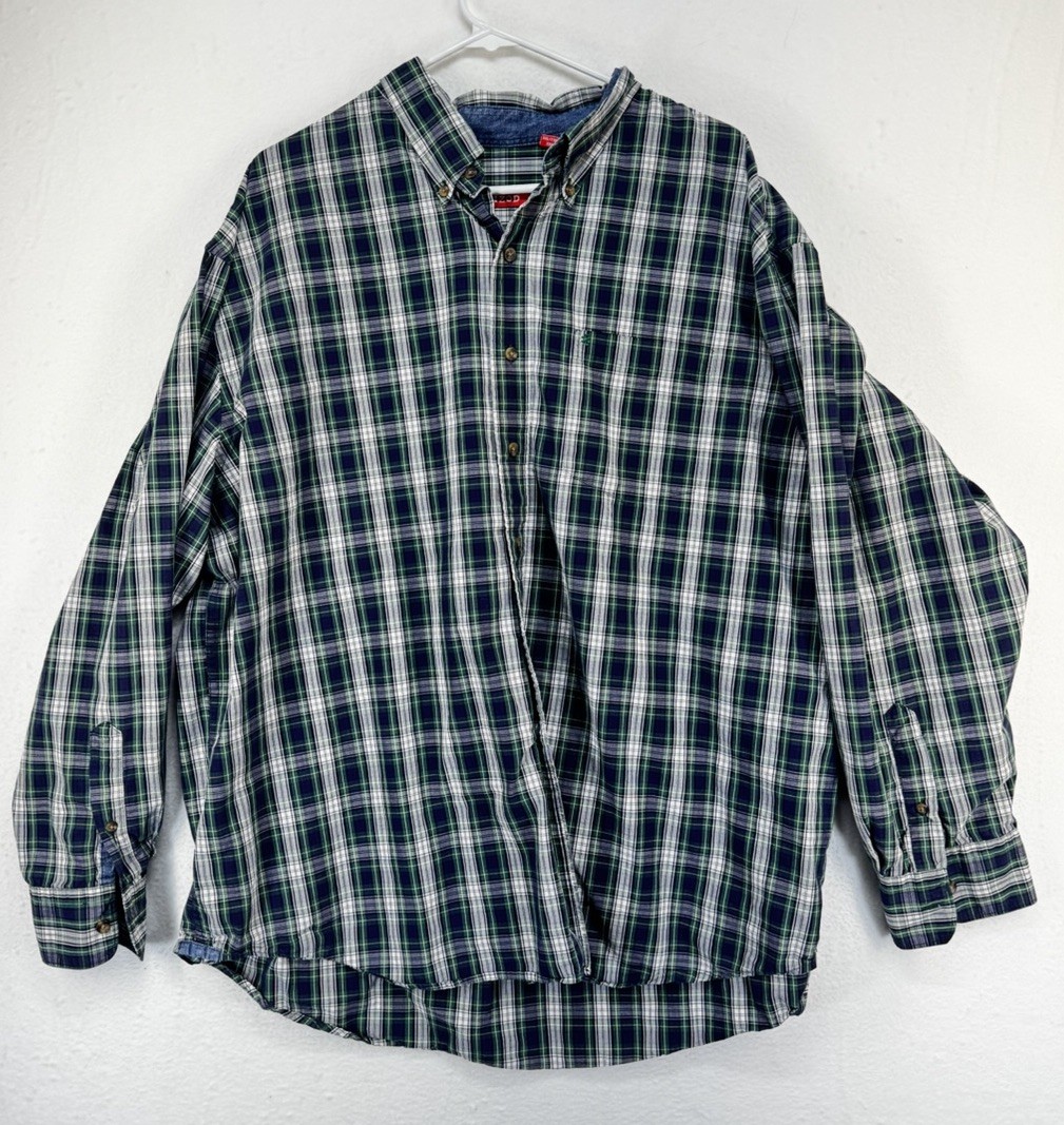 IZOD Men’s Plaid All-Over Button-Down Long Sleeve Shirt Blue Green White Sz XXL