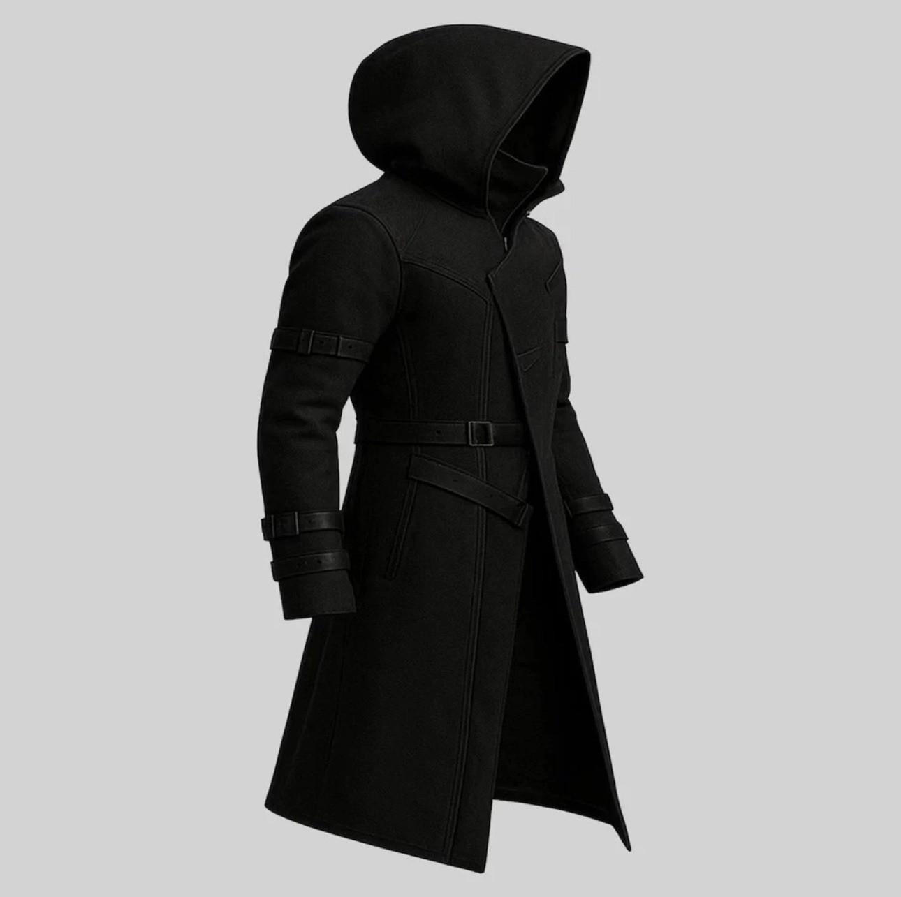 Men’s Gothic Wool Trench Coat Hooded Long Black Jacket Steampunk Cosplay