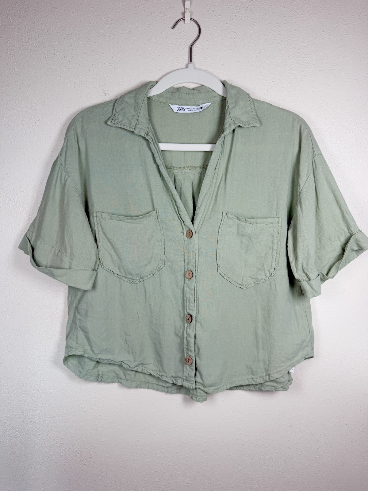Zara Linen Blend Crop Shirt Women’s XS Sage Green Cottagecore Summer Top