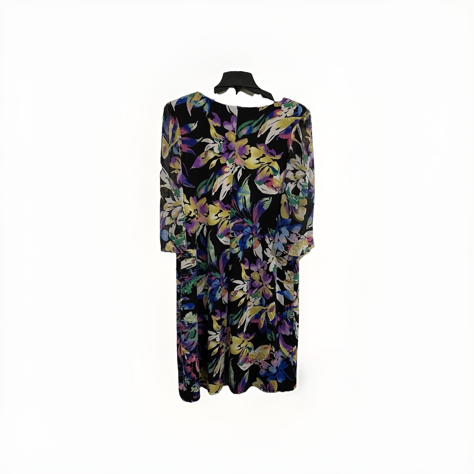 Connected Apparel 16W Black Floral Chiffon V-Neck Flutter Sleeve Dress