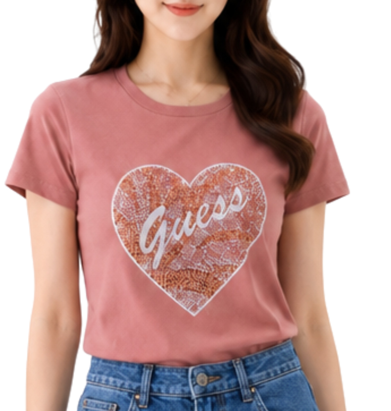 GUESS Womens Rhinestone Heart Graphic Tee Mauve Pink Short Sleeve Top Size M NWT