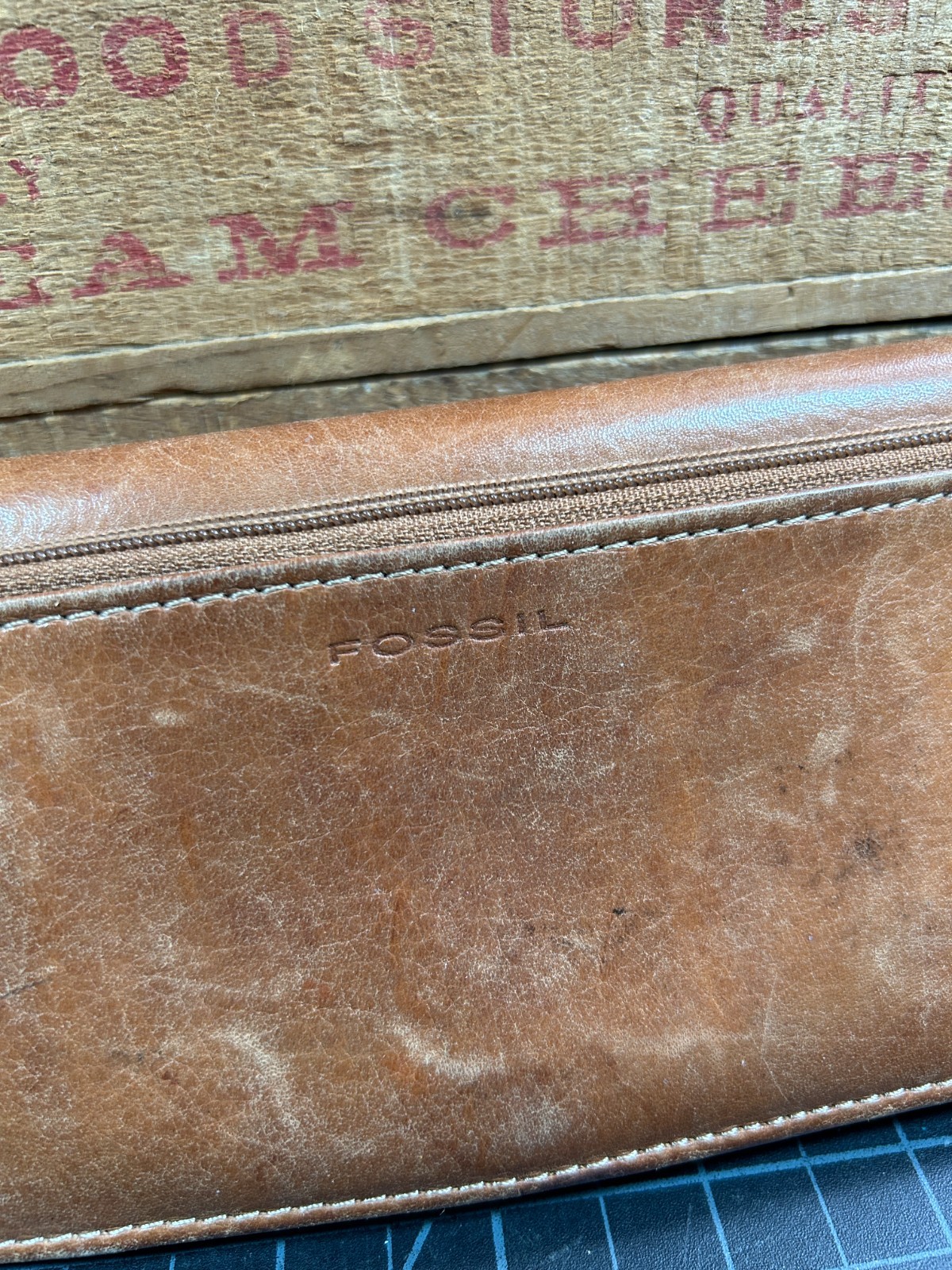 Fossil Genuine Leather Women Long Bifold Wallet Tan Brown Snap Zip Many Card