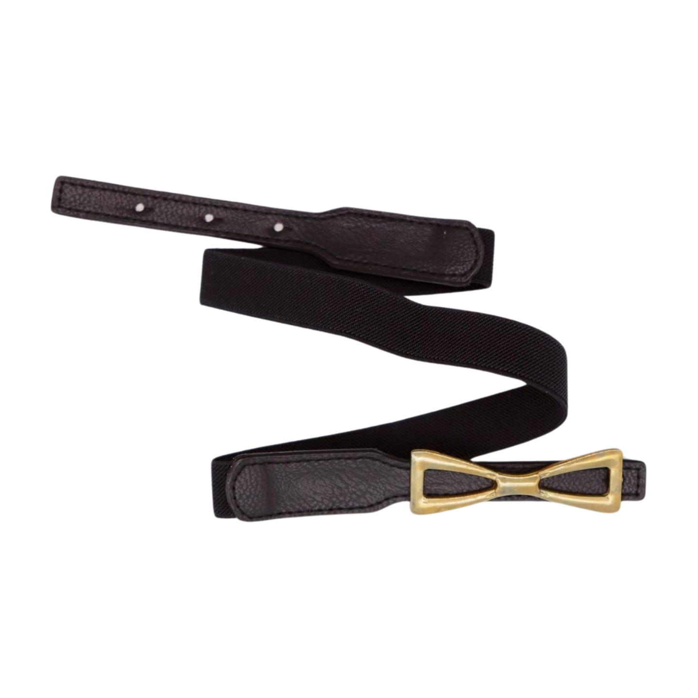 Women Black Elastic Strap Narrow Belt Rusty Gold Metal Bow Tie Ribbon Buckle S M