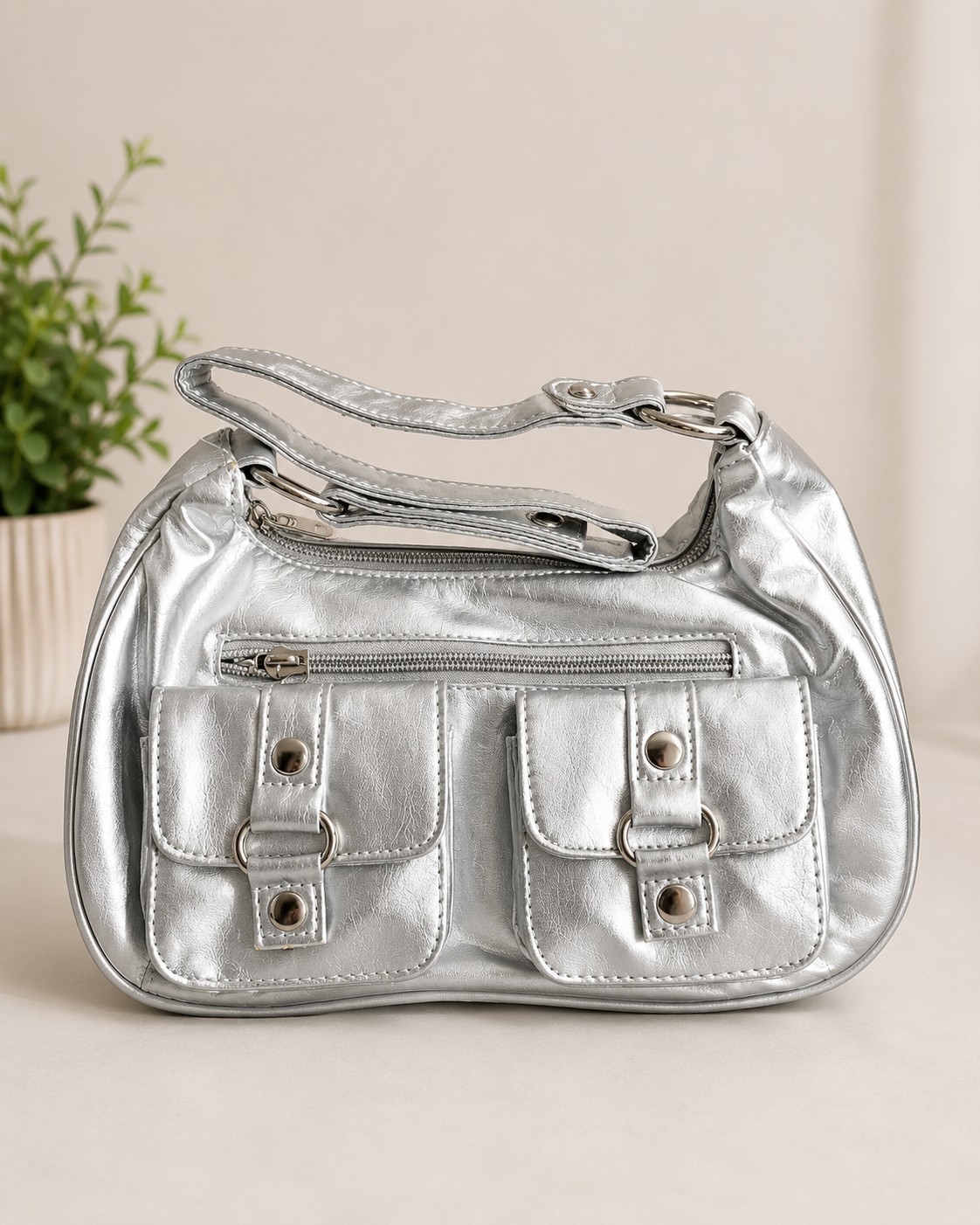 Silver Metallic Baguette Rectangle Shoulder Bag Zip Closure, Front Pockets