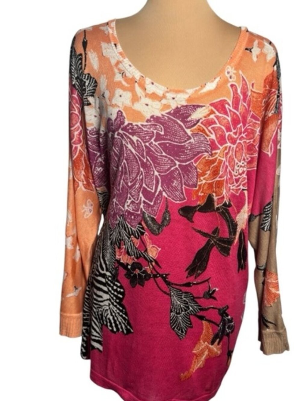 Nic + Zoe Floral Print Lightweight Knit Top Long Sleeve Scoop Neck Size 3X