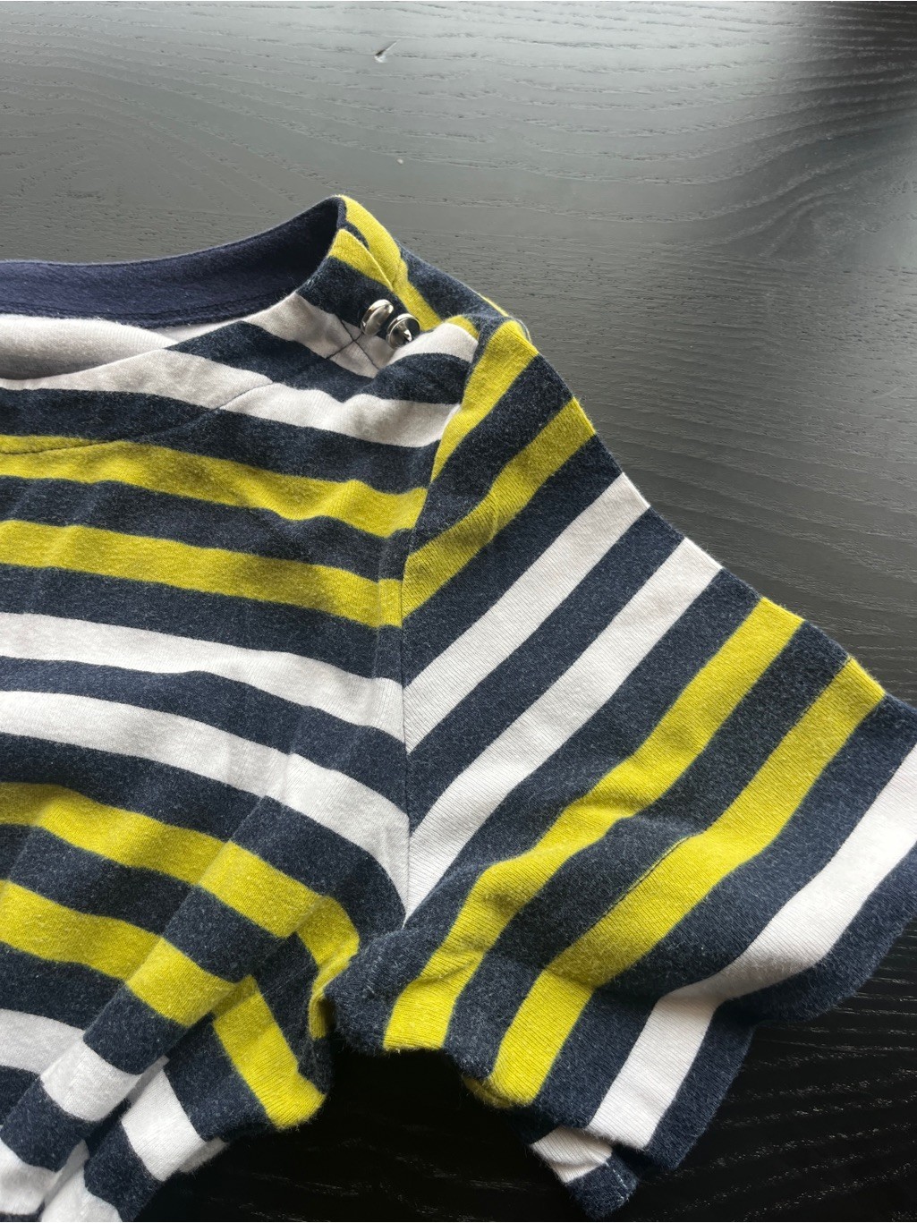 Croft & Barrow Stretchy Size M Navy & Lime Green Striped Boatneck Top
