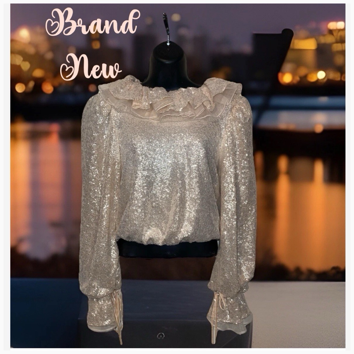Antonio Melani Blouse Women S Champagne Sparkle Lined Balloon Sleeve Ruffle