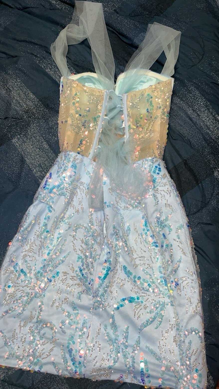 PROM, Light Blue Sequin Sweetheart Lace-Up Mini Dress, Sleeveless Strappy, S