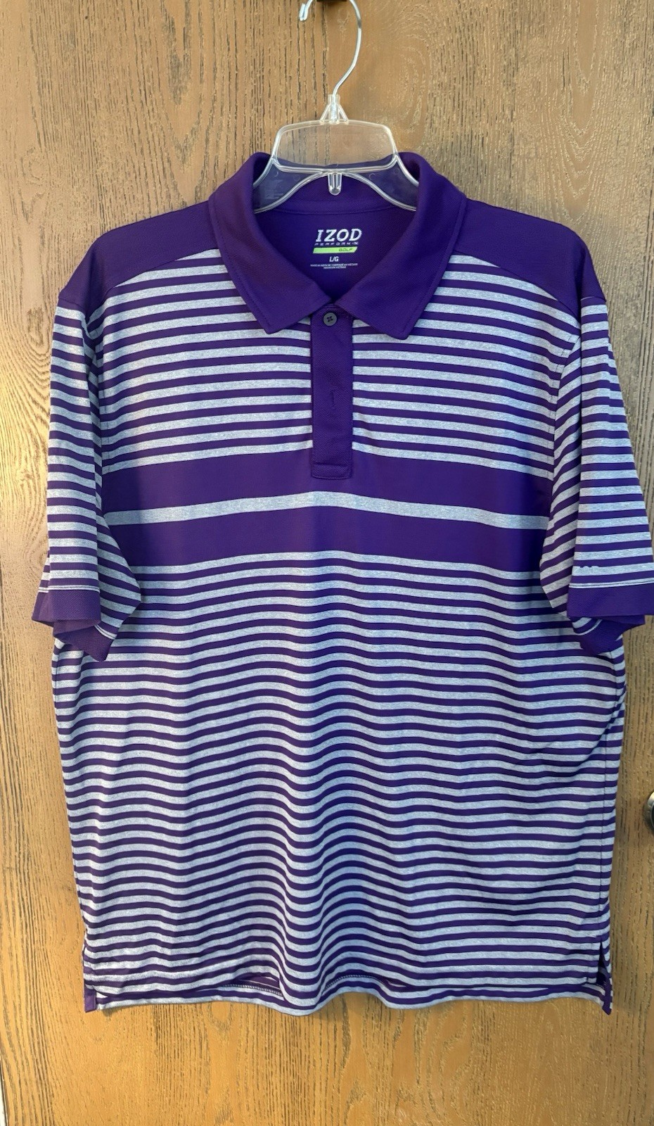 IZOD Performx Golf Men’s L/G Polo Purple/Gray Striped SS Collared Logo Button