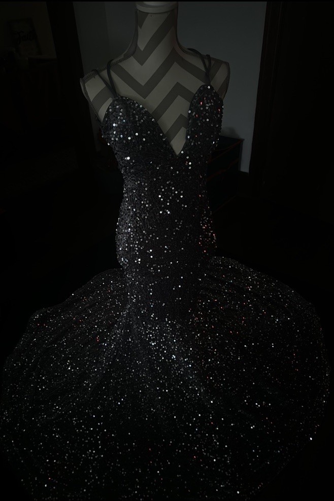 Women’s Silver Sequin V-Neck Mermaid Gown Long Formal Dress Straps