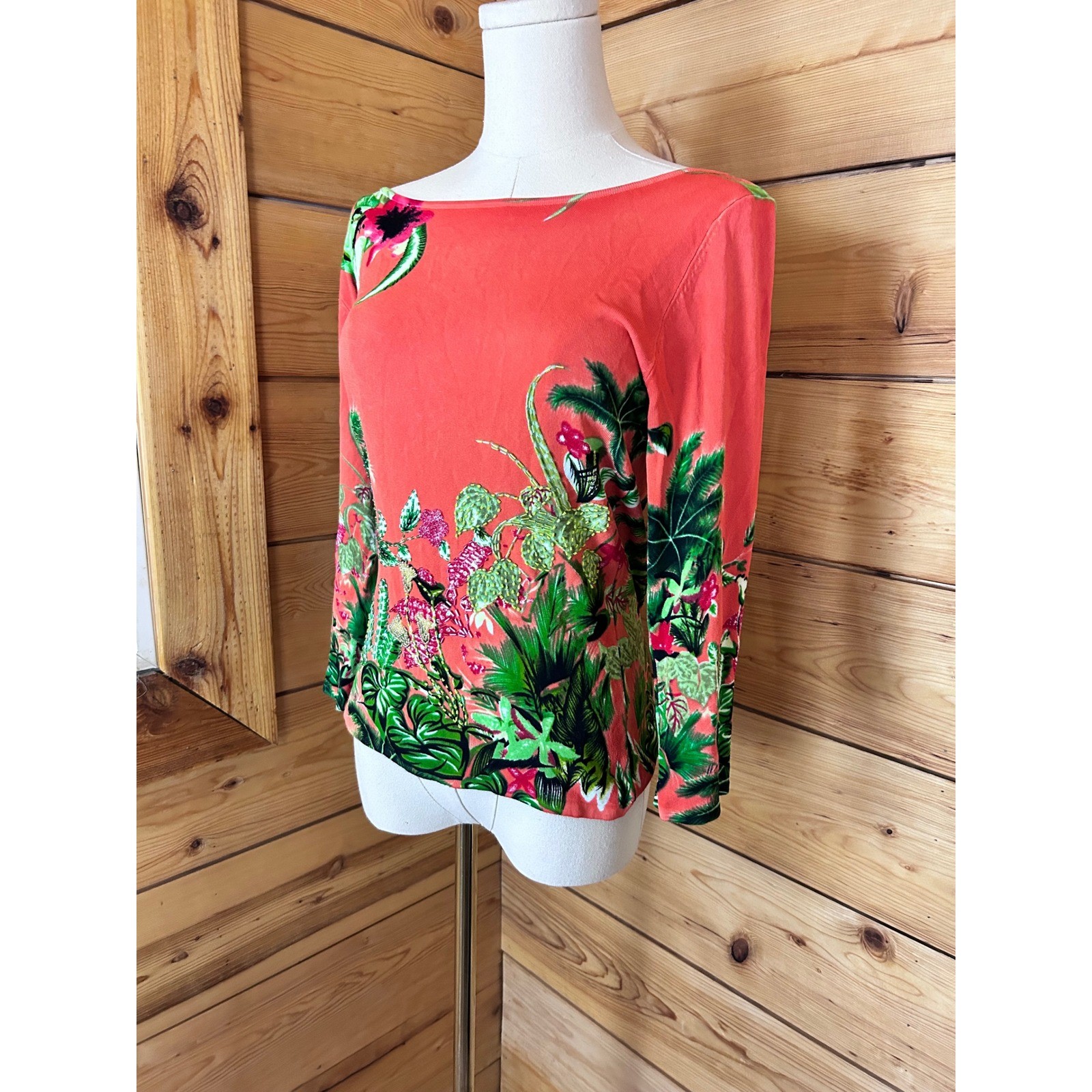 Tropical Floral Print Boat Neck Knit Shirt Women Medium Coral Pink Aubergine Y2K