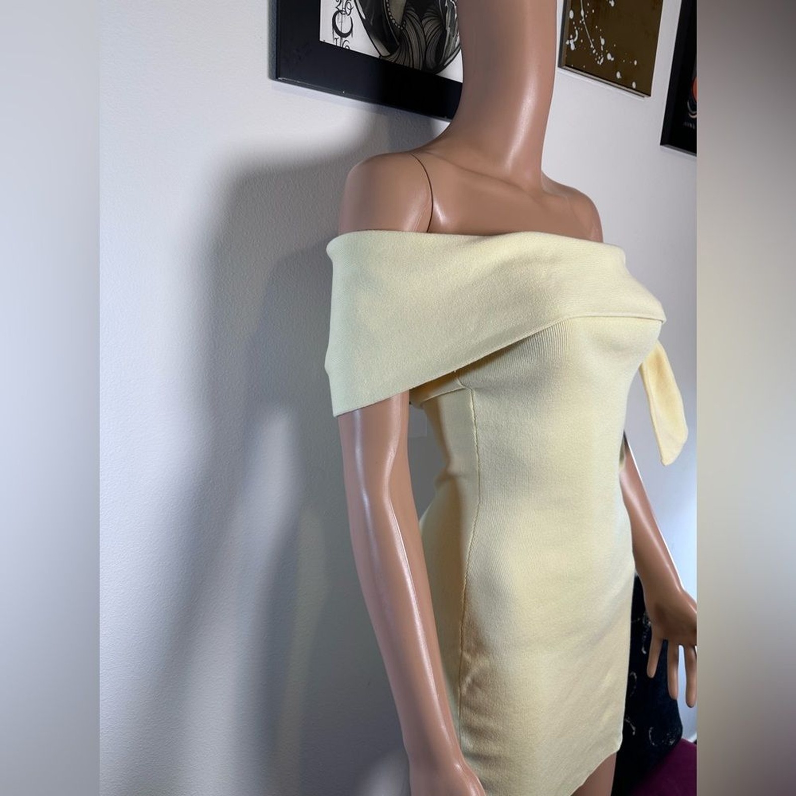 SNDYS Jaymes Mini Dress in Panna Cotta yellow knit off the shoulder bodycon