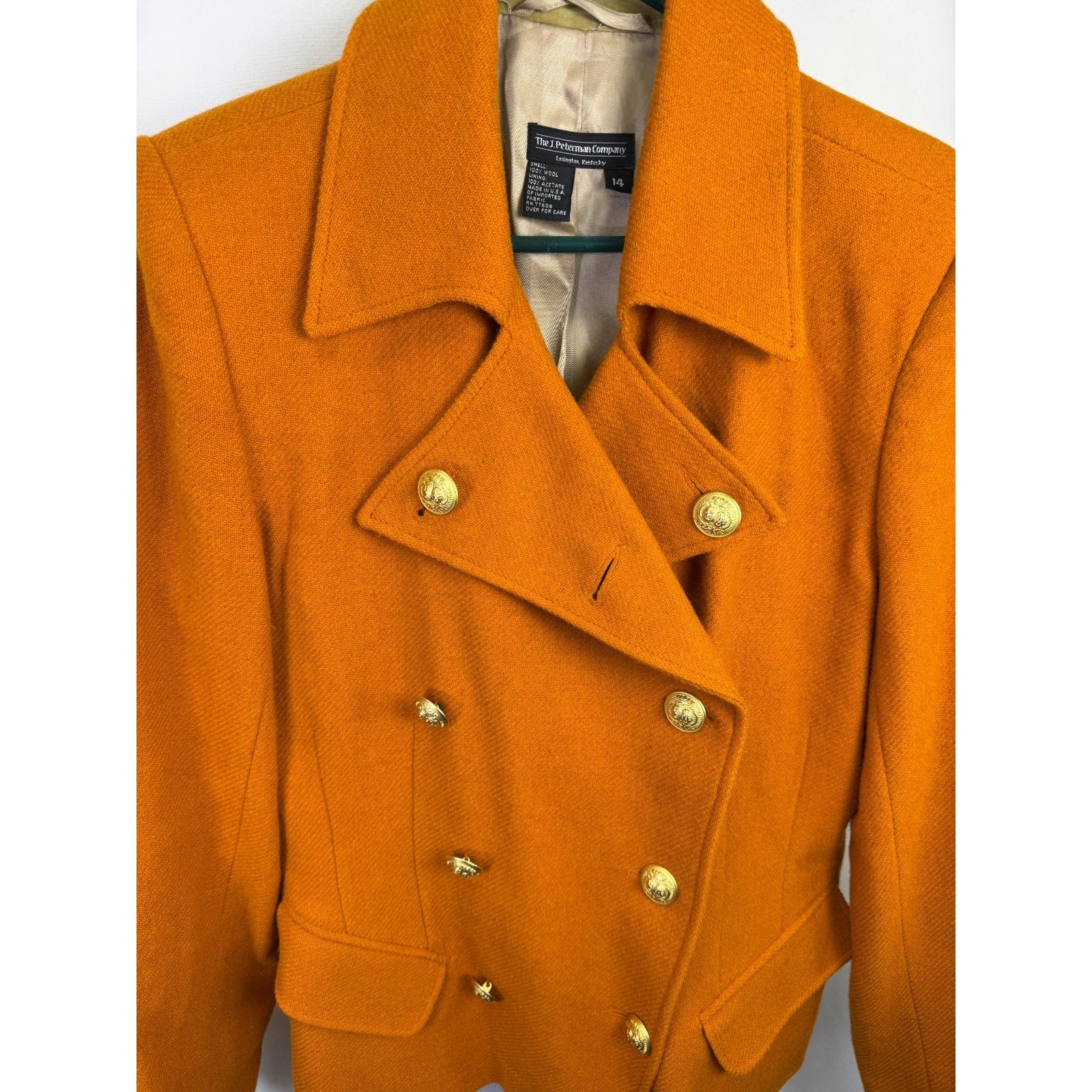 Vintage J Peterman Wool Coat Double Breasted Gold Buttons Equestrian USA 90s 14