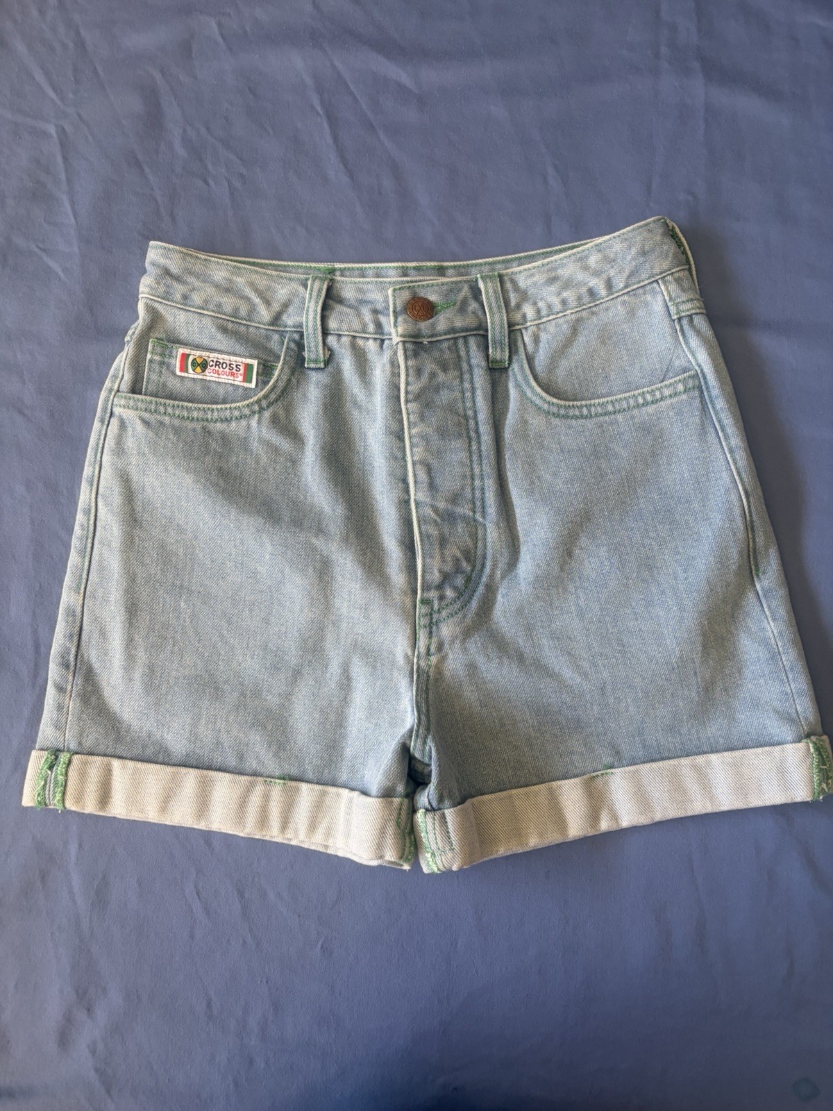 Cross Colours YA DIG Light Wash Blue Denim Cuffed High Rise Logo Shorts 24