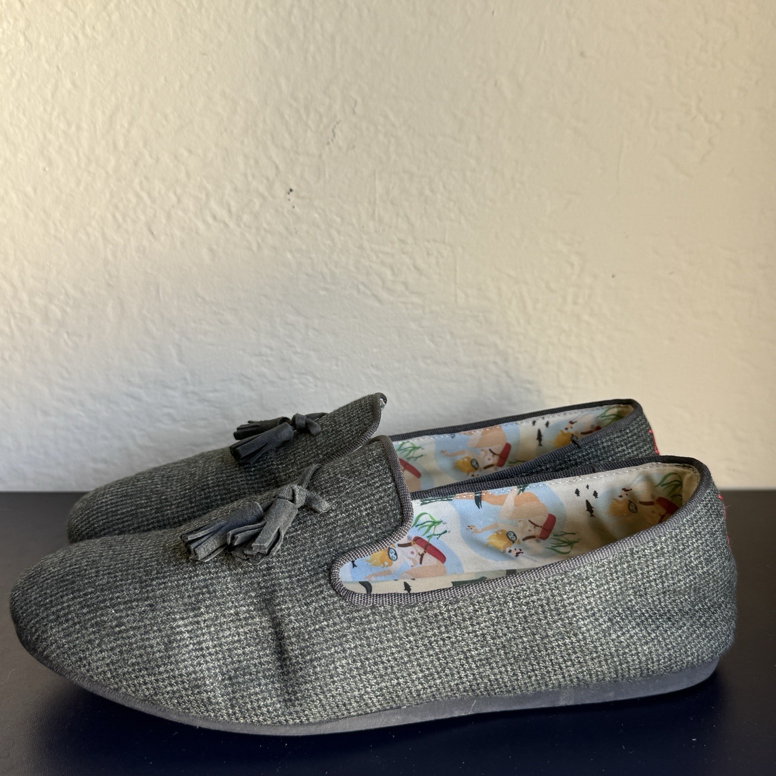 Men’s Slippers Gray Tassel Slip-On Loafer Flats Fabric Upper Round Toe 42.5