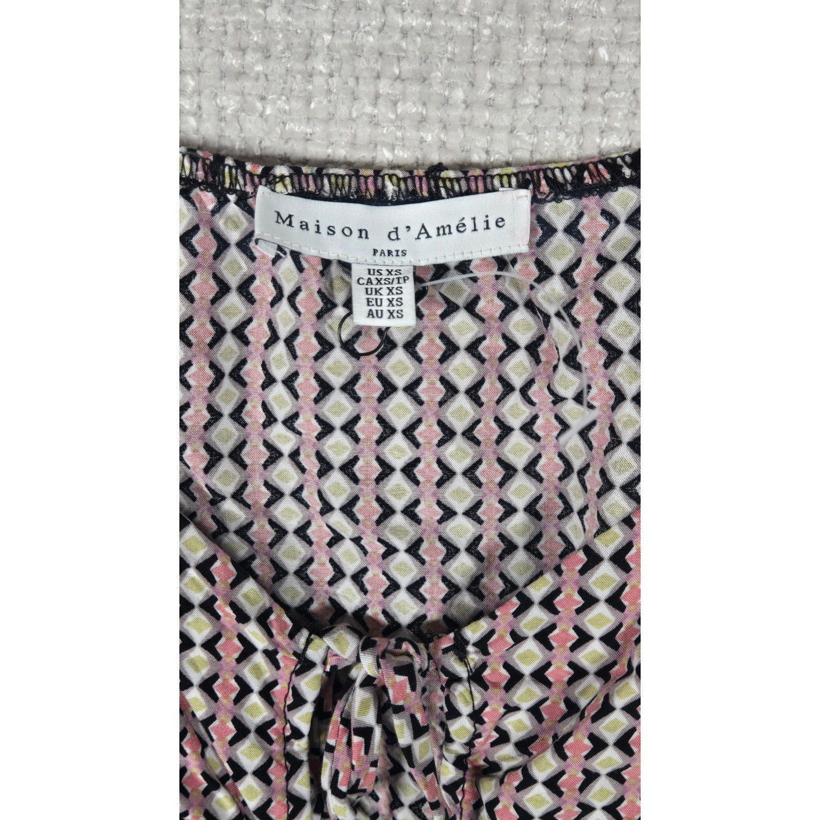 Maison d’Amelie Pink Geometric Tie Front Balloon Sleeve Crop Top XS