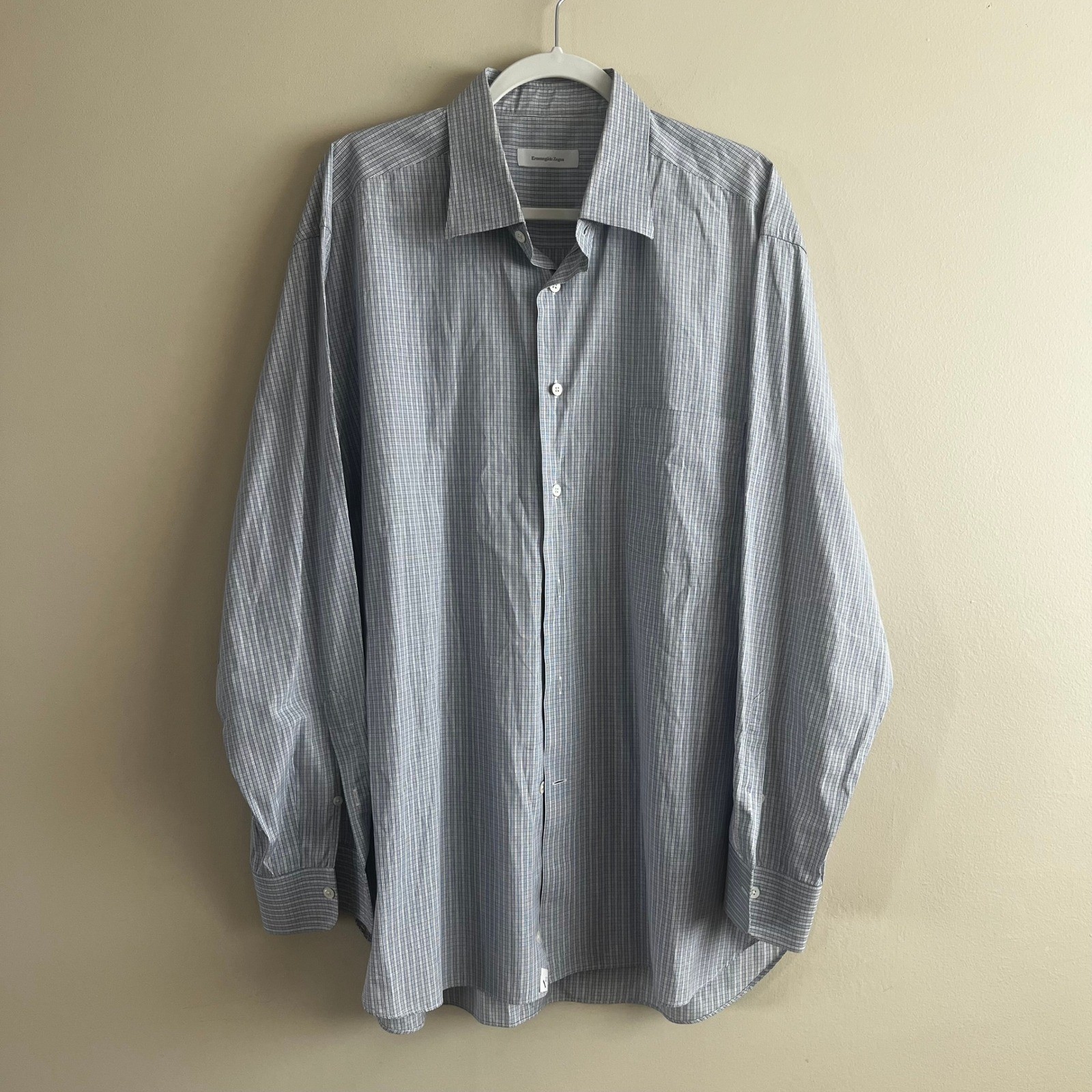 Ermenegildo Zegna Mens Comfort Fit Micro Check Button Down Shirt Blue White