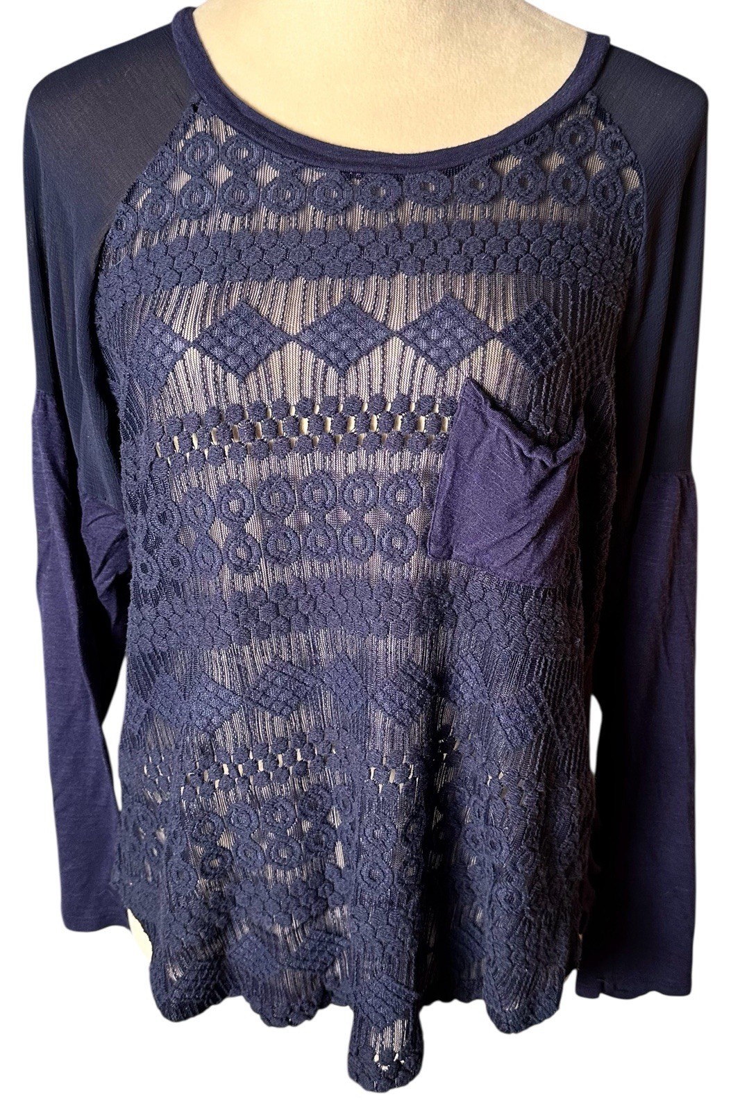 Blue Lace Crochet Overlay Peasant Blouse Top Womens Jrs Sz XL Whimsigoth Boho