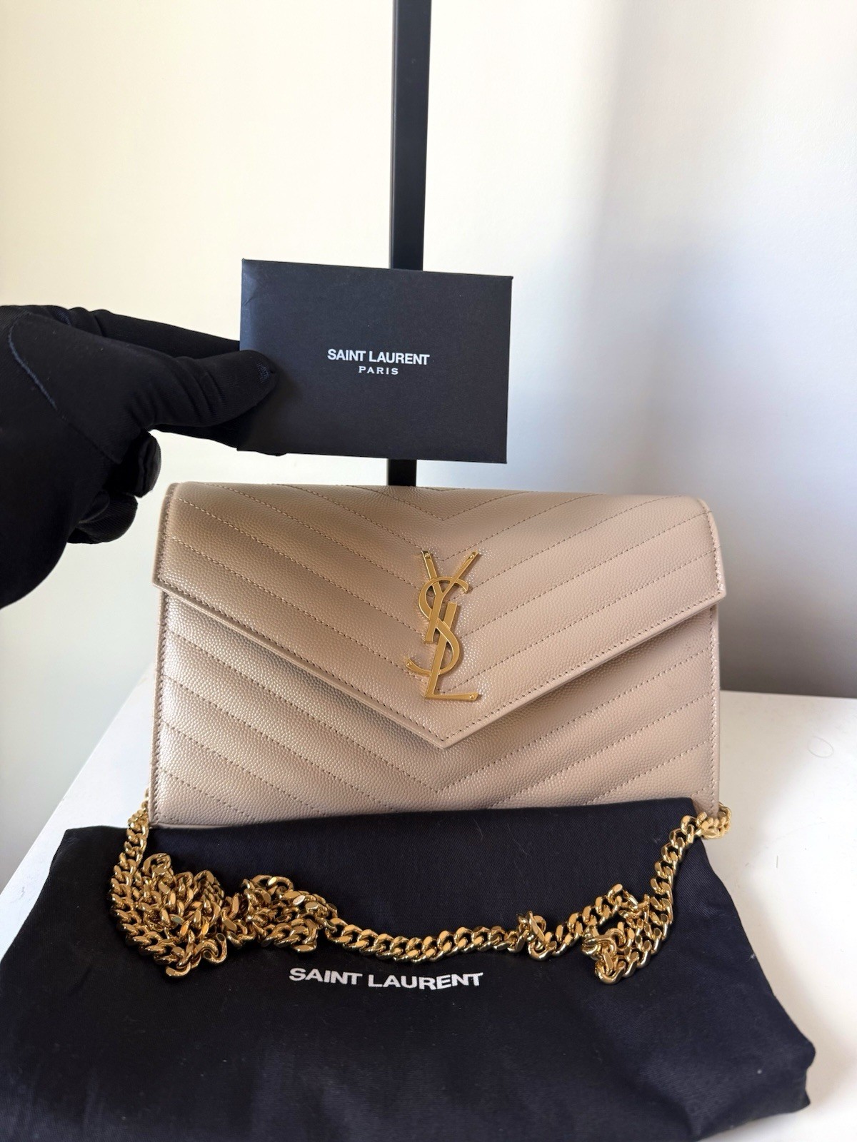 Saint Laurent YSL Leather Wallet On Chain On Chain Grained leather- Dark Beige