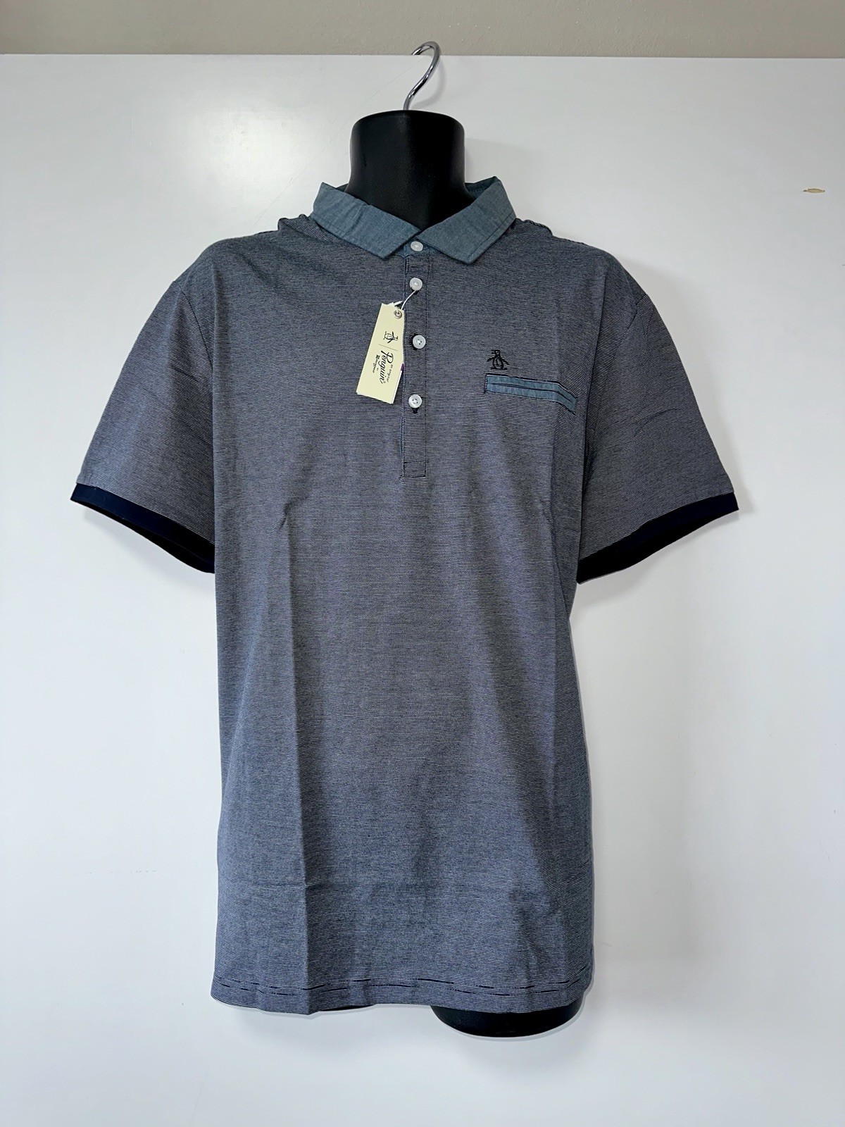 NWT Original Penguin Polo Men’s XXL navy/gray micro stripe 100% Cotton Shirt