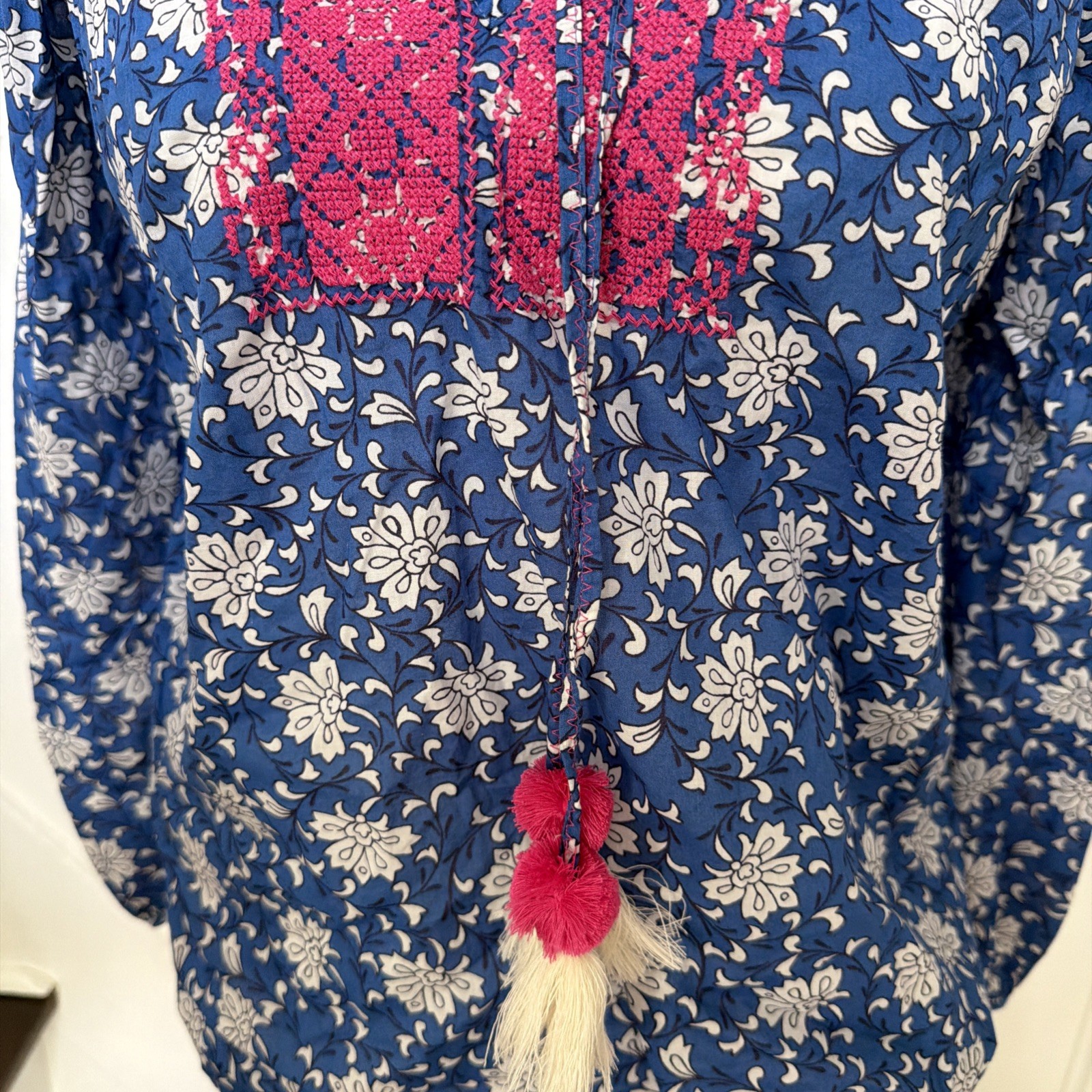 J Crew AM848 NWT Size XXS Embroidered Cotton Voile Top in Blue Block Print NEW