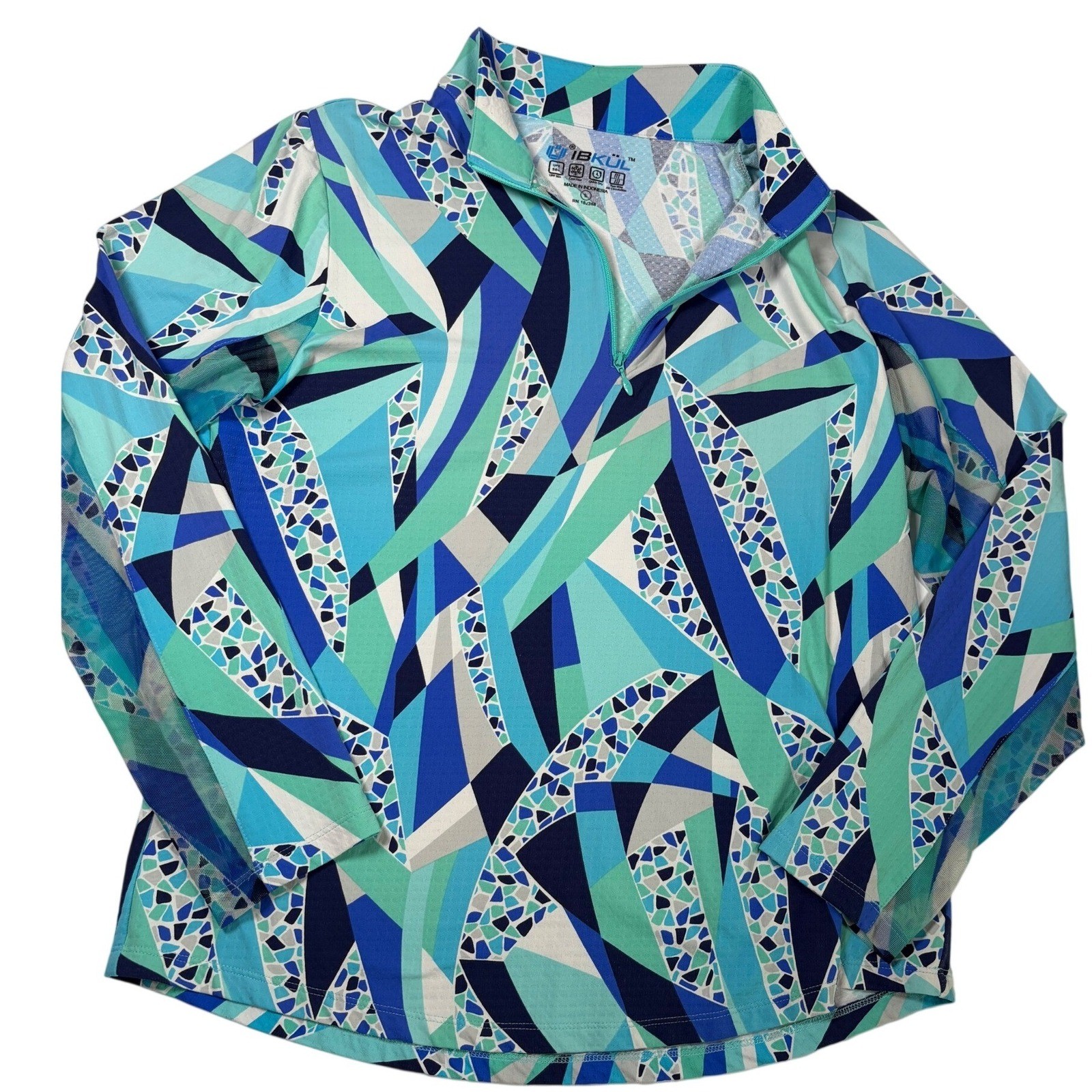 IBKUL Briana Long Sleeve Mock Neck Top Sun Shirt Blue Geometric Mosaic UPF 50 L
