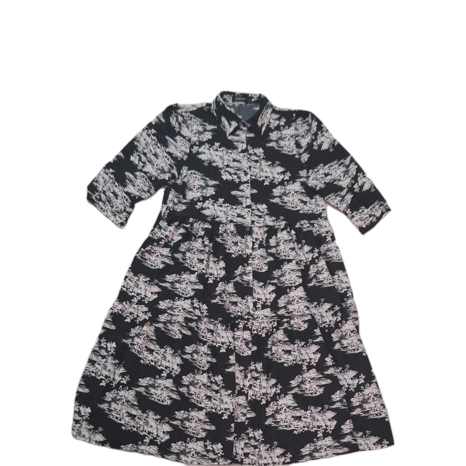 ZOYA Women’s L Black White Floral Collared Button-Front 3/4 Sleeve Knee Dress