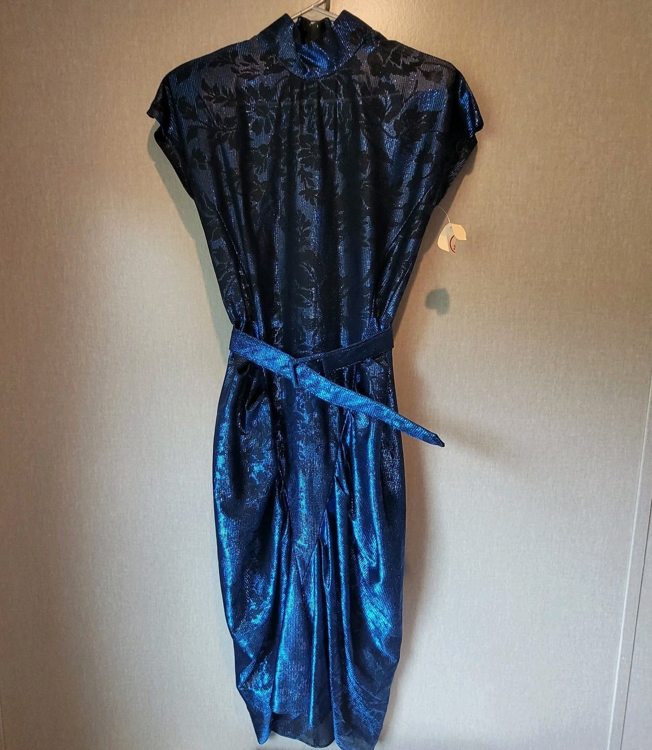 NWT VTG 80s Wayne Diamond Metallic Blue Mock Neck Tulip Midi Dress 5/6