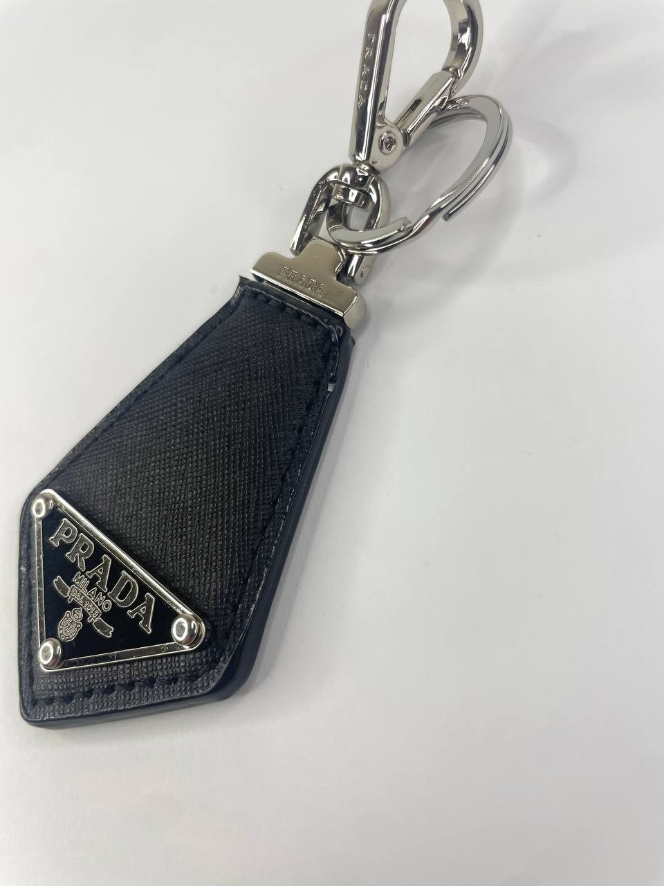 Prada Black Keychain with Silver Tone Hardware Logo