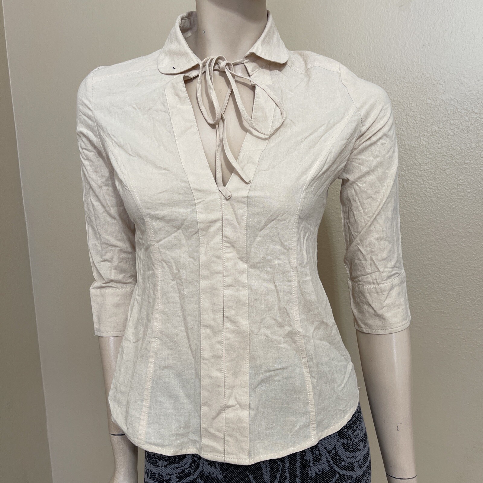 Women’s Beige Cotton Casual Button Zipper Glitter Tie Collared Size S Top Blouse